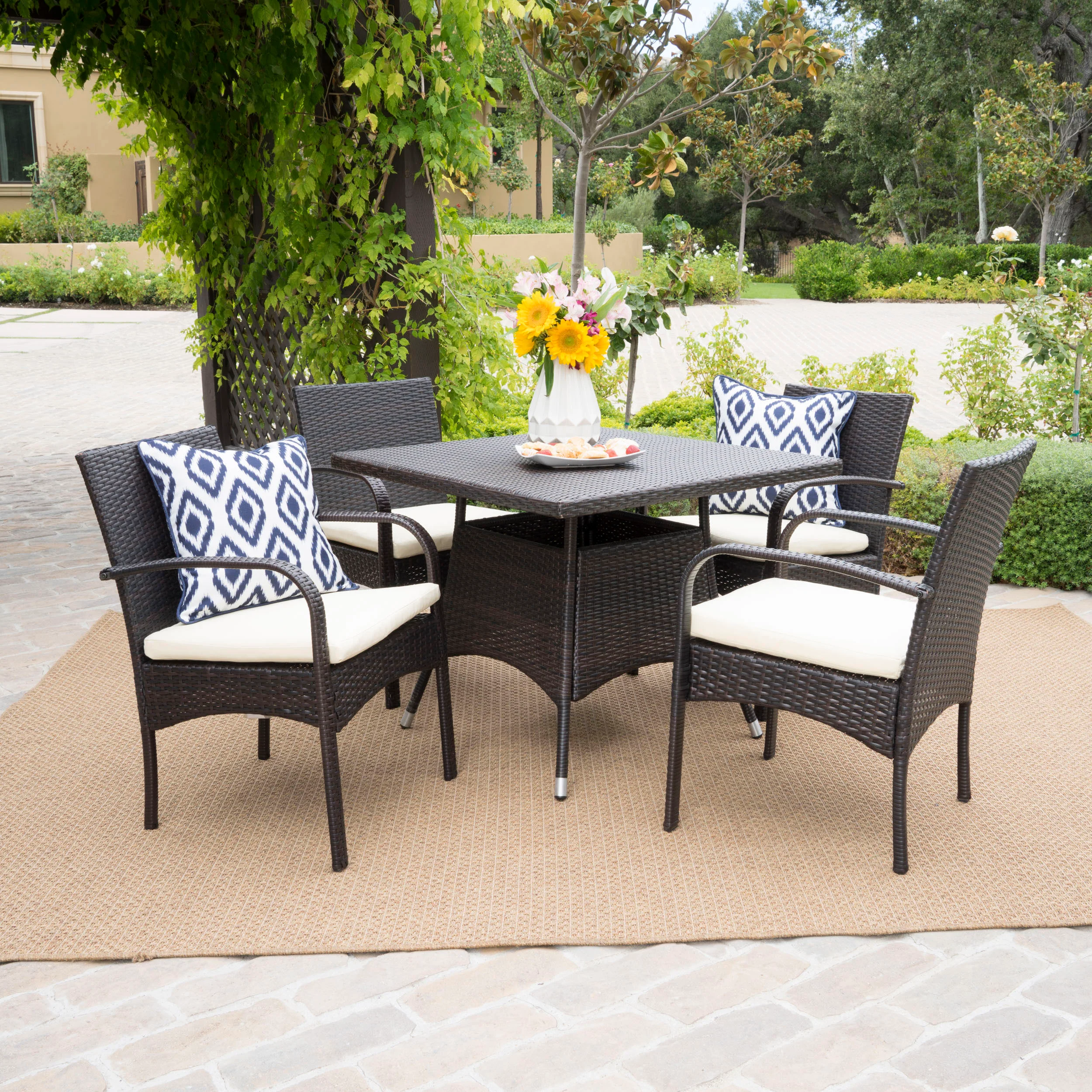 Carmela Outdoor 5pc Multibrown PE Wicker Square Dining Set - furnishings
