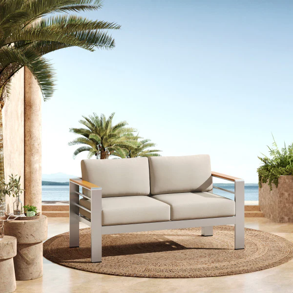 Amias Aluminum Outdoor Patio Loveseat with Beige Cushions - furnishings