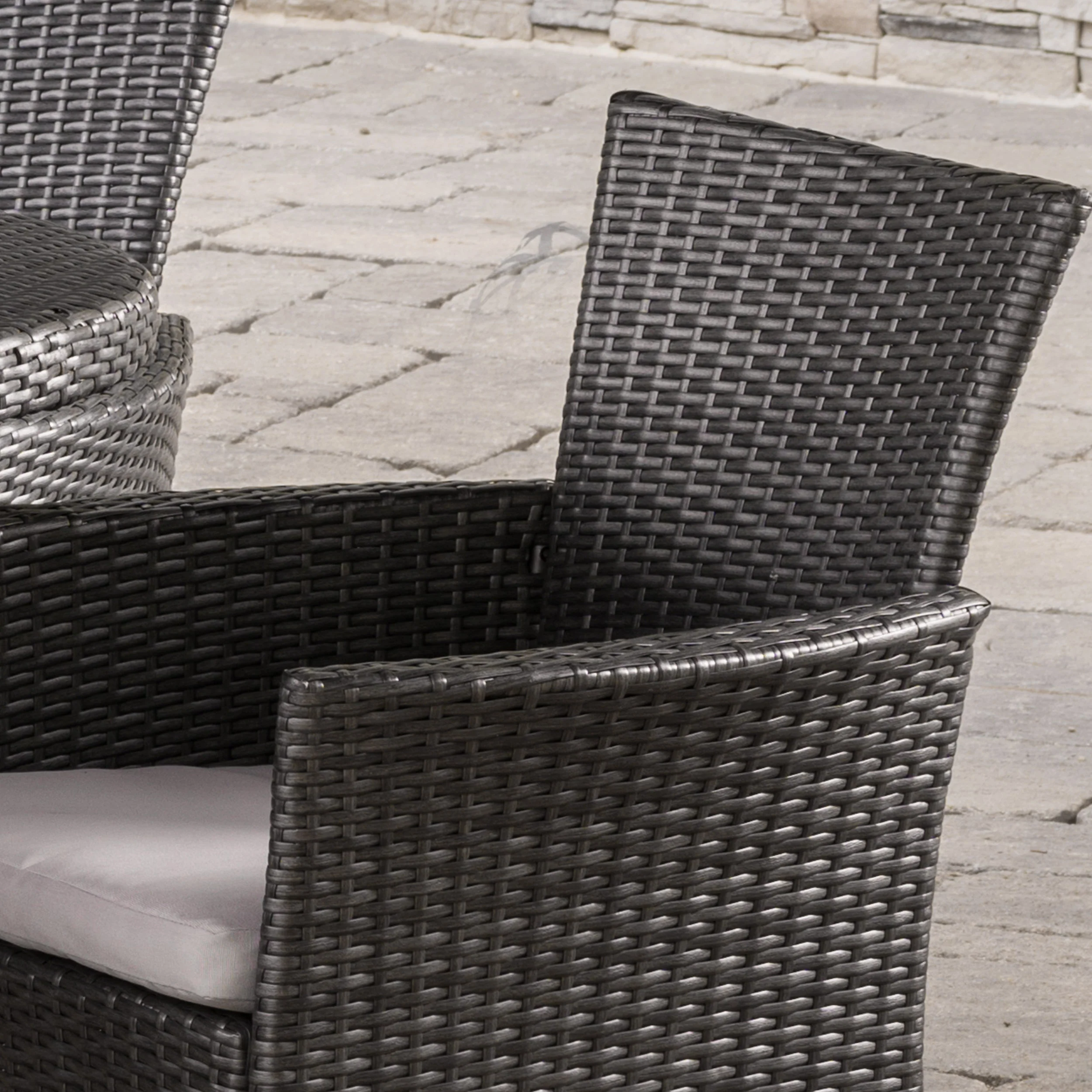 Vineland Outdoor 7 Piece Gray Wicker Oval Dining Set with Silver Water Resistant Cushions - furnishings