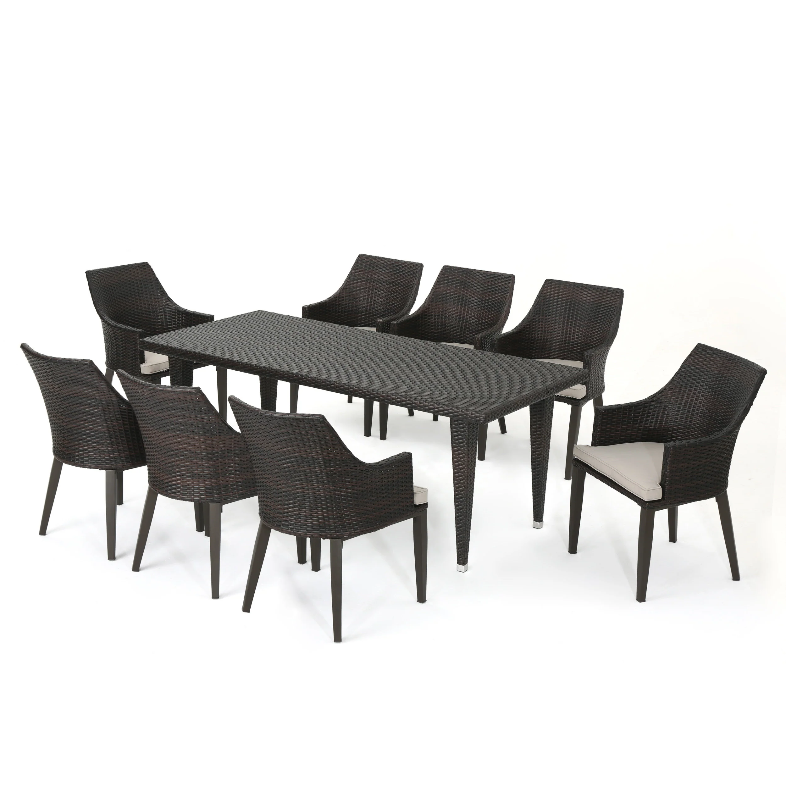 Lenorde Outdoor 9 Piece Wicker Rectangular Dining Set with Water Resistant Cushions - furnishings
