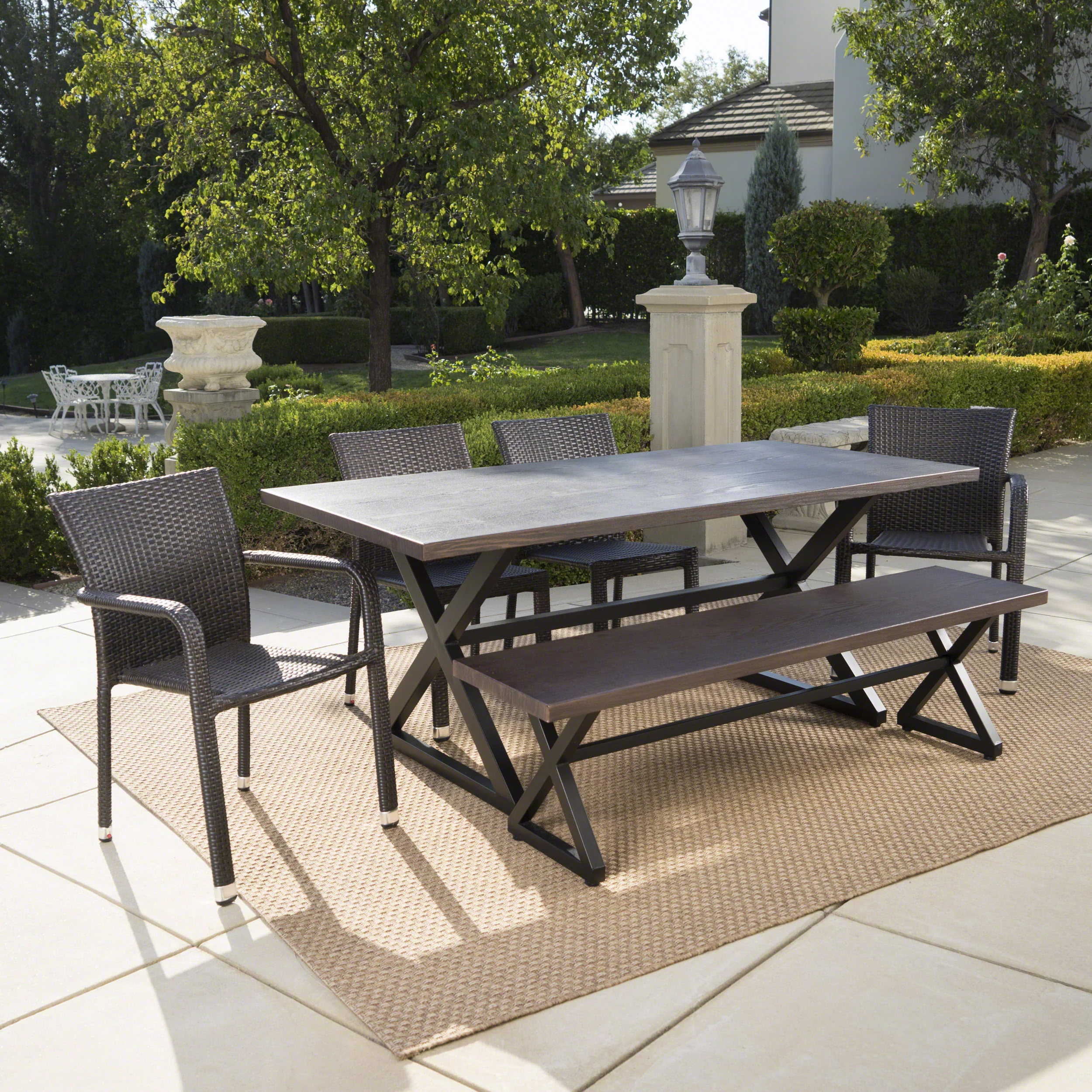 Lomit Outdoor 6 Piece Brown Aluminum Dining Set with Bench and Stacking Chairs - furnishings