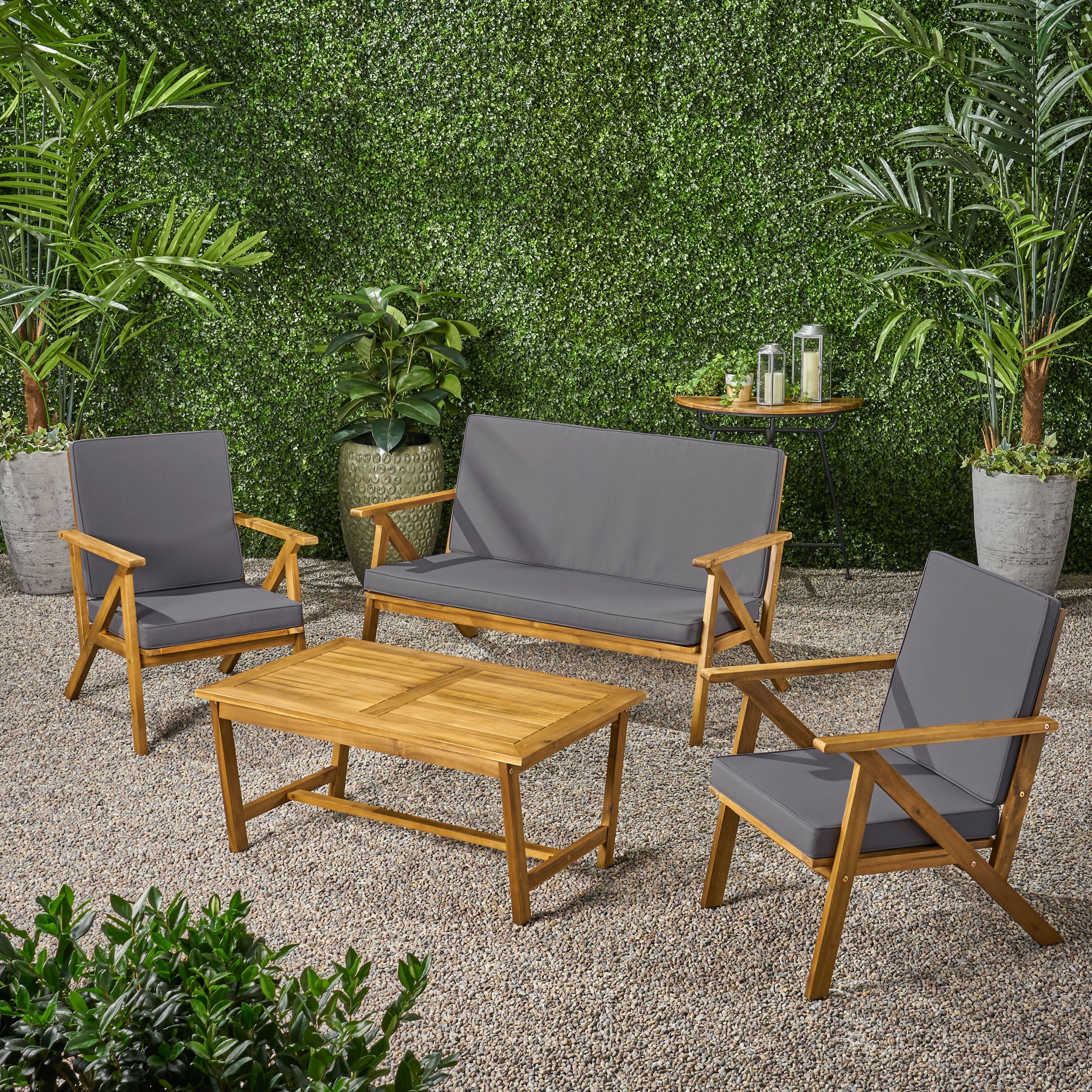 Manarola 4 Pc Outdoor Natural Wood Finish Chat Set w/ Water Resistant Cushion - furnishings