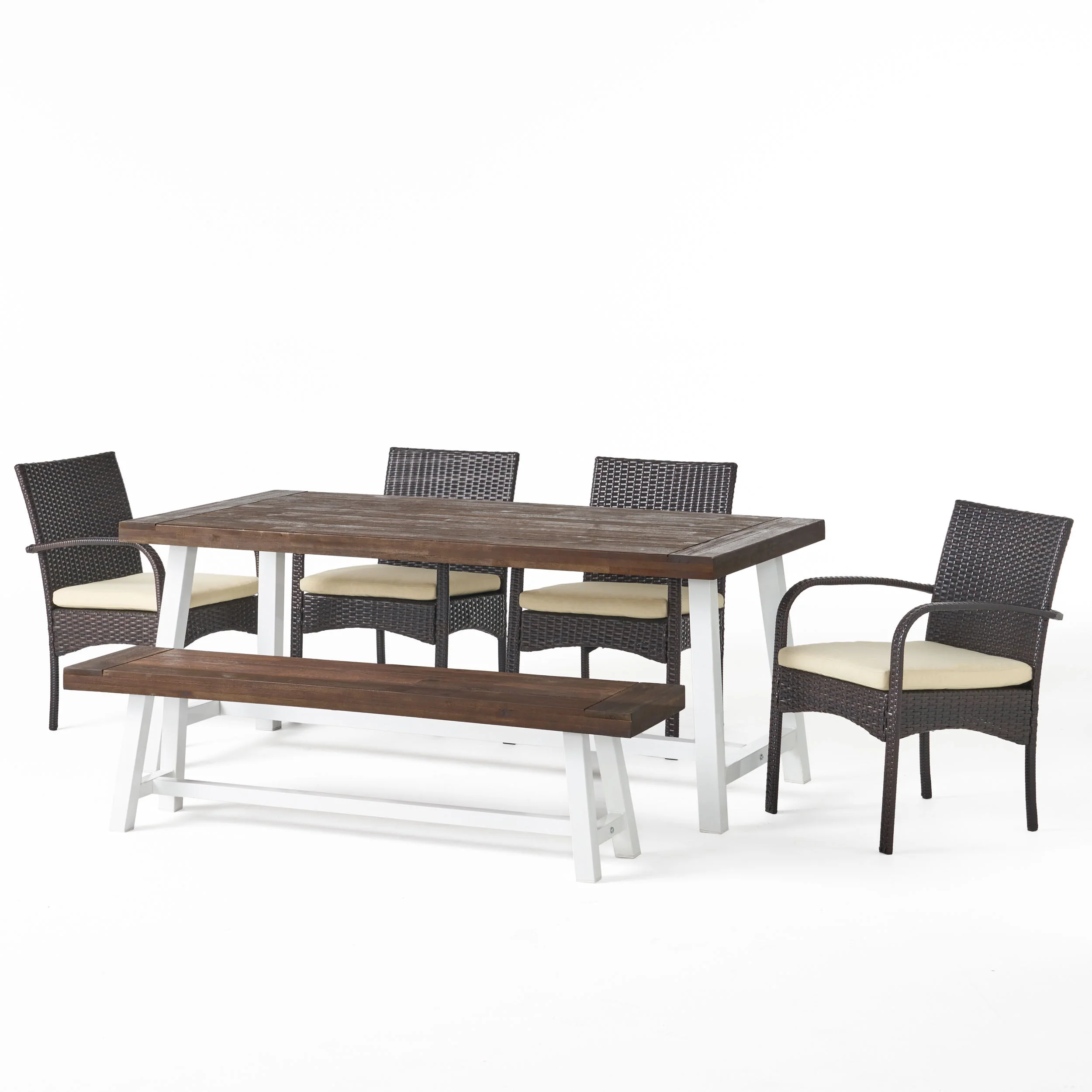 Louise Outdoor 6 Piece Wicker & Acacia Wood Dining Set - furnishings