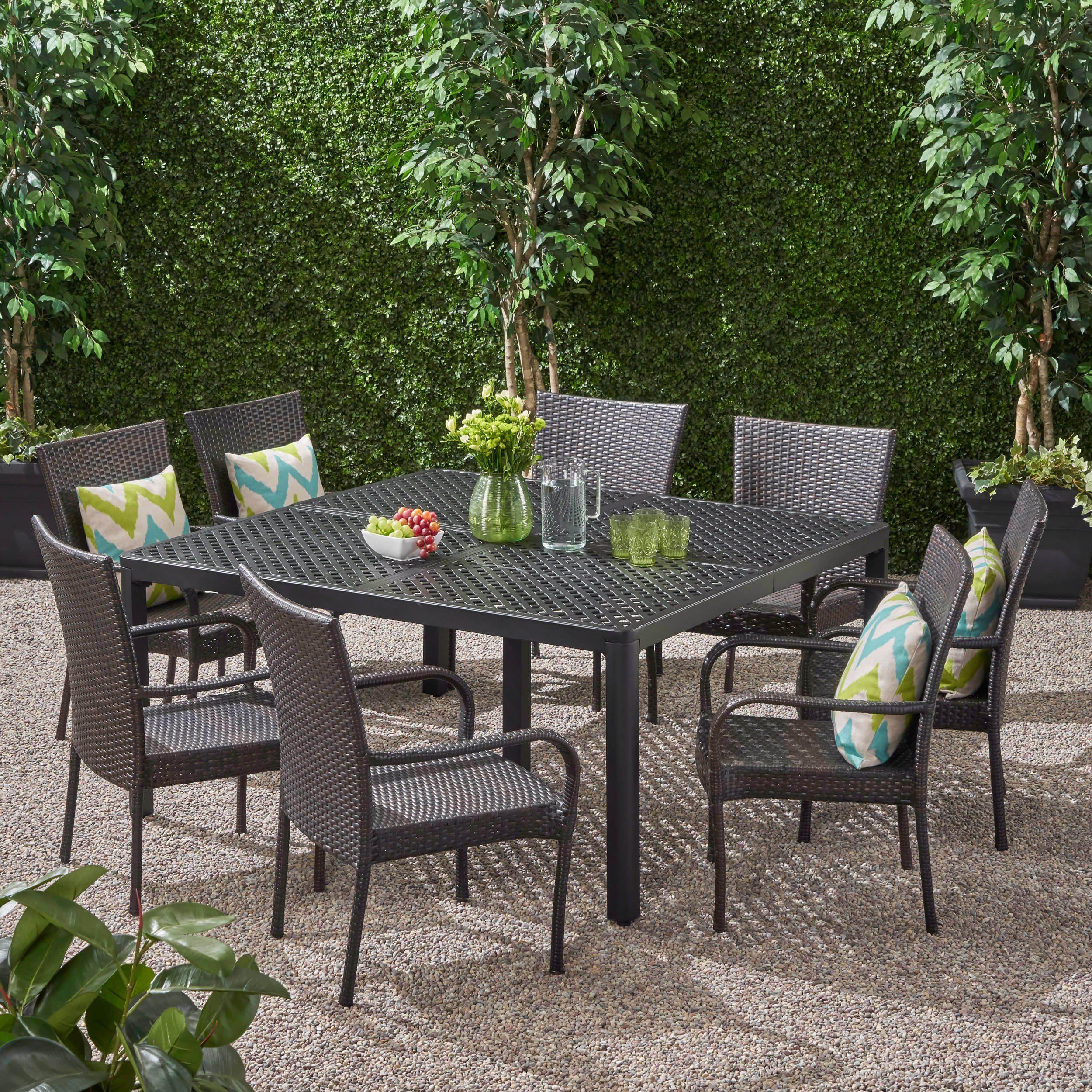 Lillian Outdoor Aluminum and Wicker 8 Seater Dining Set with Stacking Chairs - furnishings