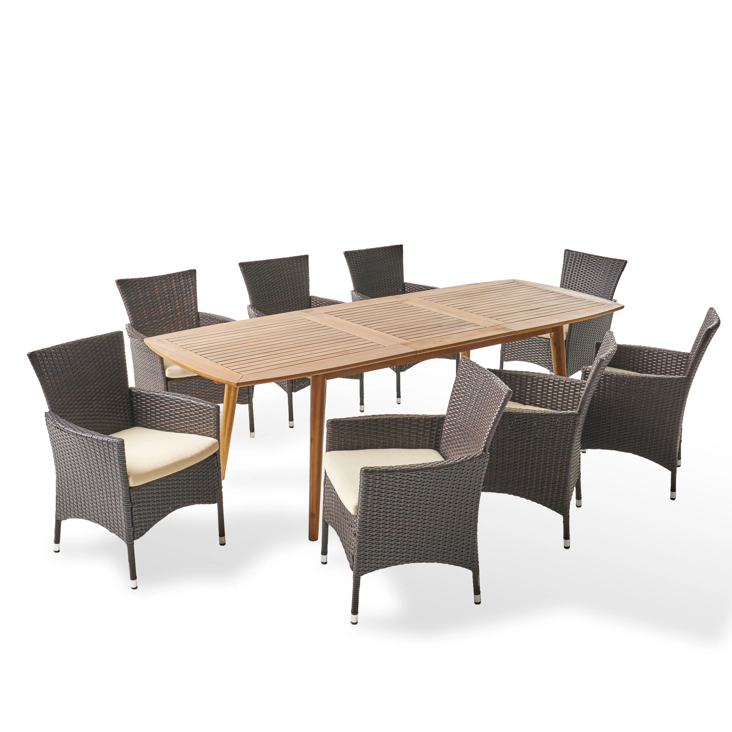 Stefan Outdoor Wood and Wicker Expandable 8 Seater Dining Set - furnishings