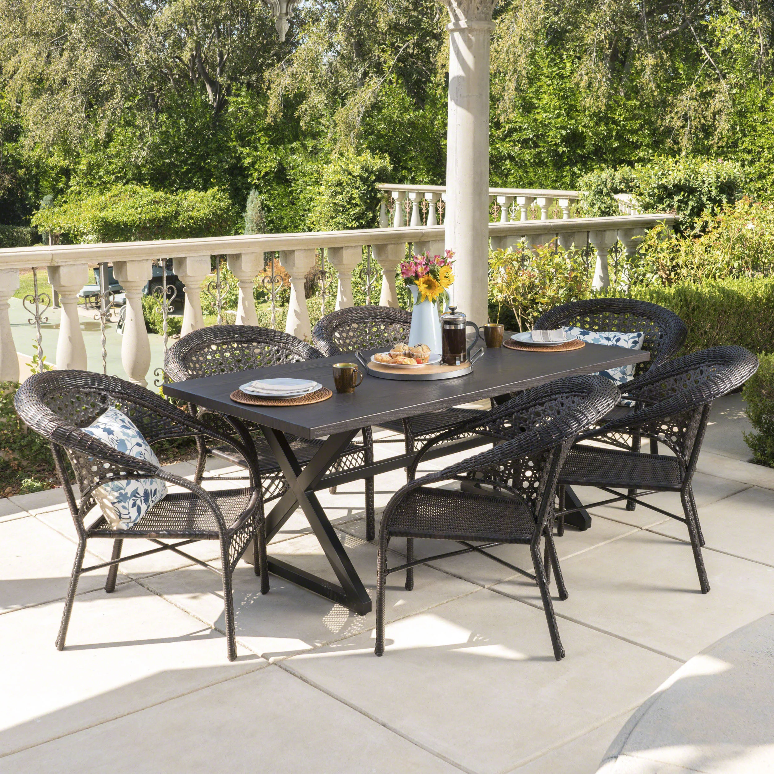 Solloom Outdoor 7 Piece Multi-brown Wicker Dining Set with Brown Aluminum Table - furnishings