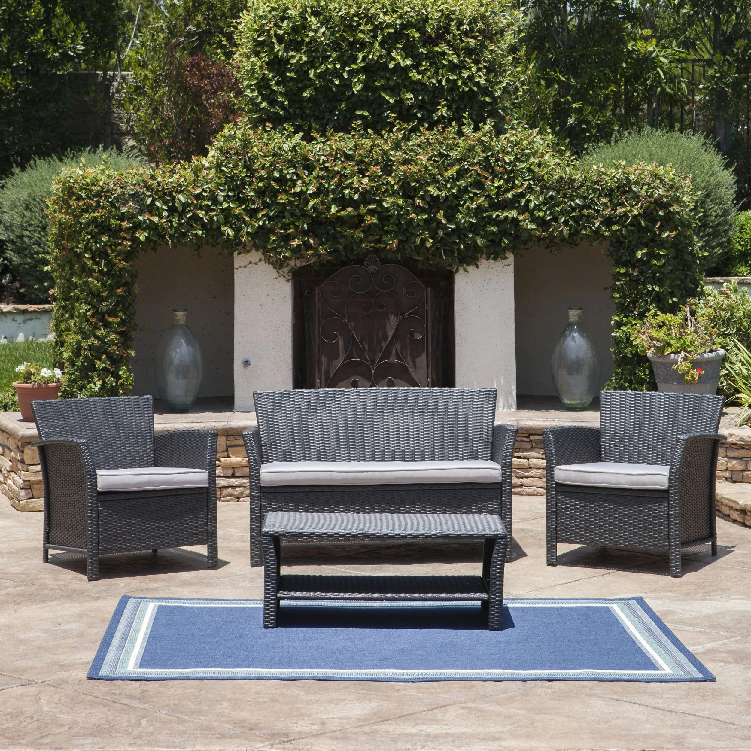 Lorien Outdoor 4 Piece Wicker Chat Set w/ Water Resistant Cushions - furnishings