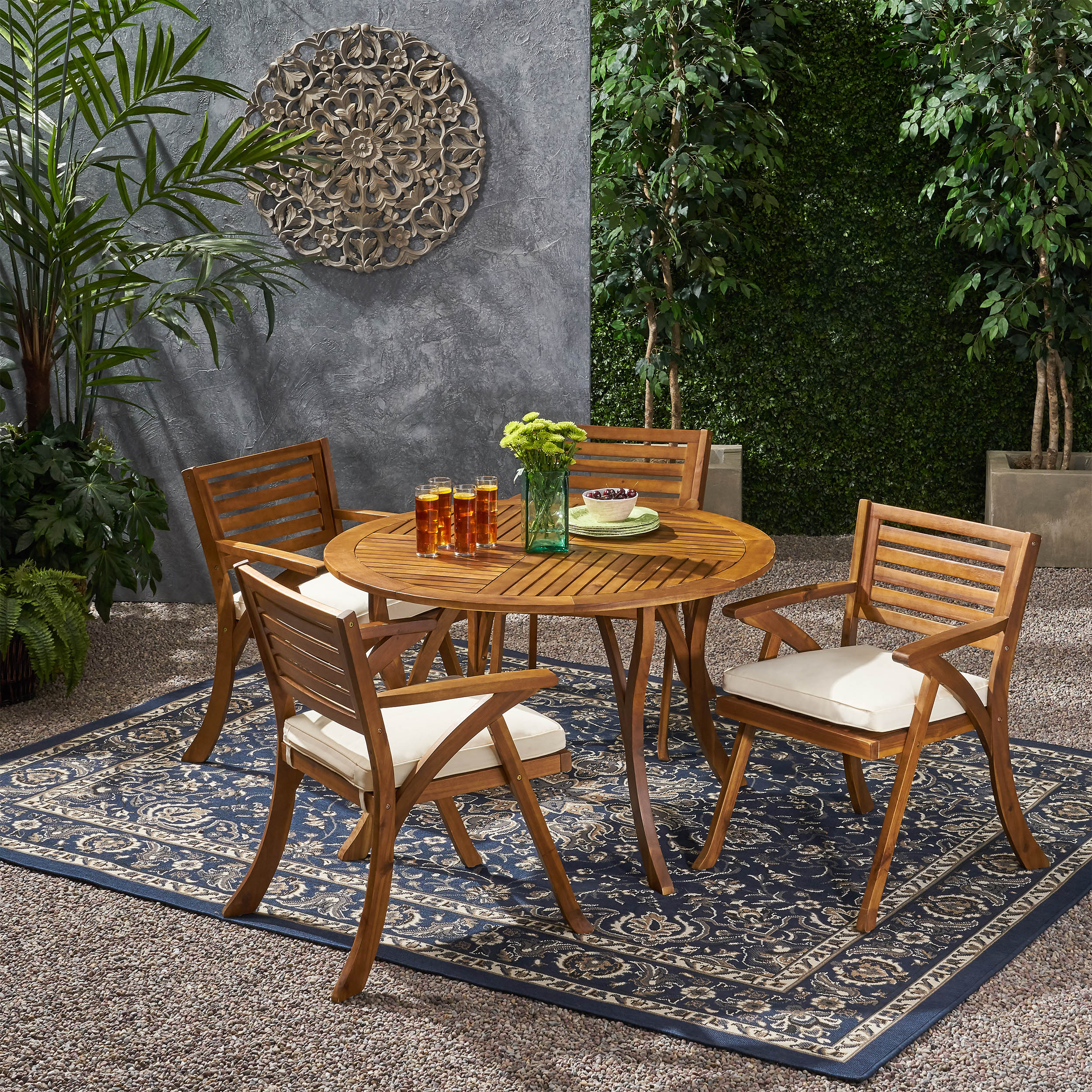 Hestia Outdoor 4 Seater Acacia Wood Circular Dining Set with Cushions - furnishings