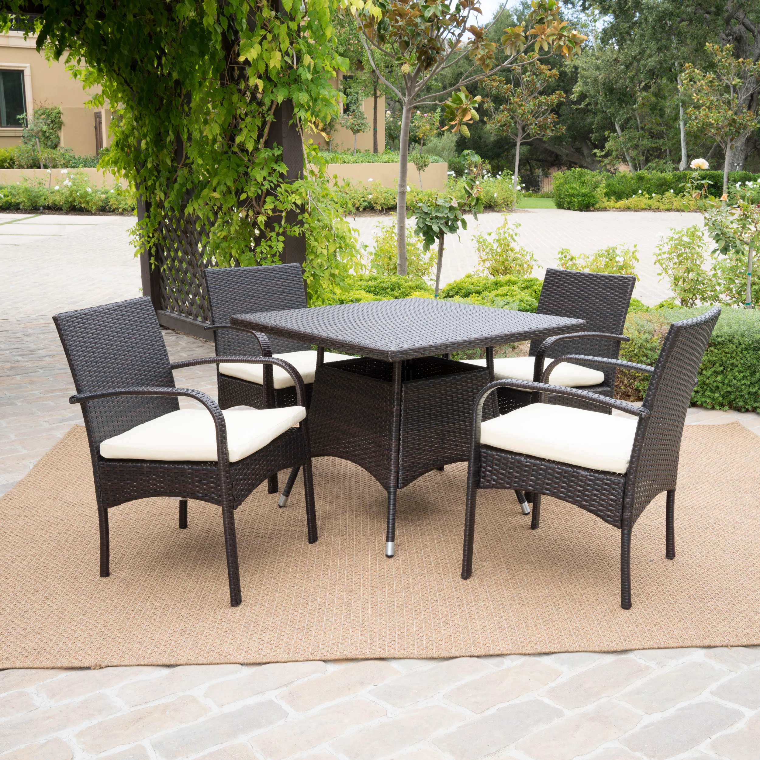 Carmela Outdoor 5pc Multibrown PE Wicker Square Dining Set - furnishings