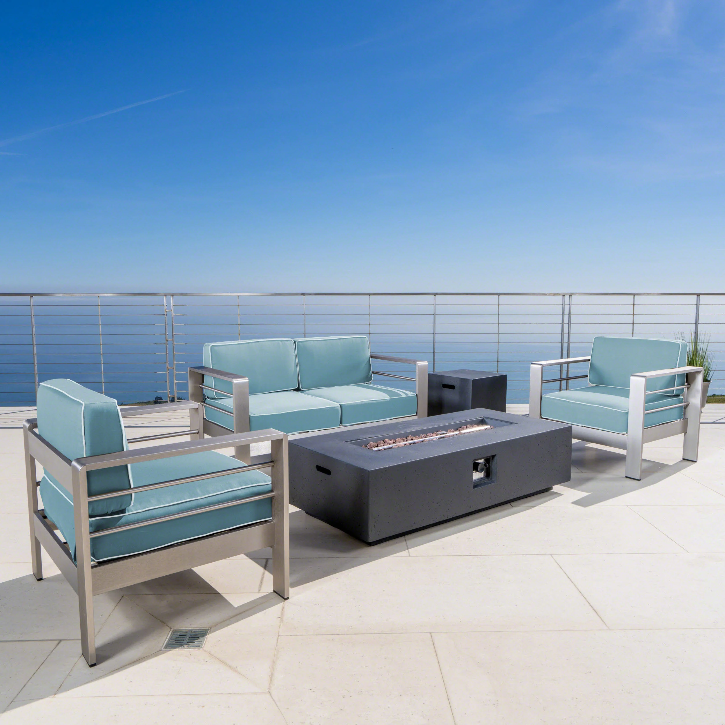 Crested Bay 5 Piece Aluminum Chat Set with Water Resistant Cushions and Fire Pit - furnishings