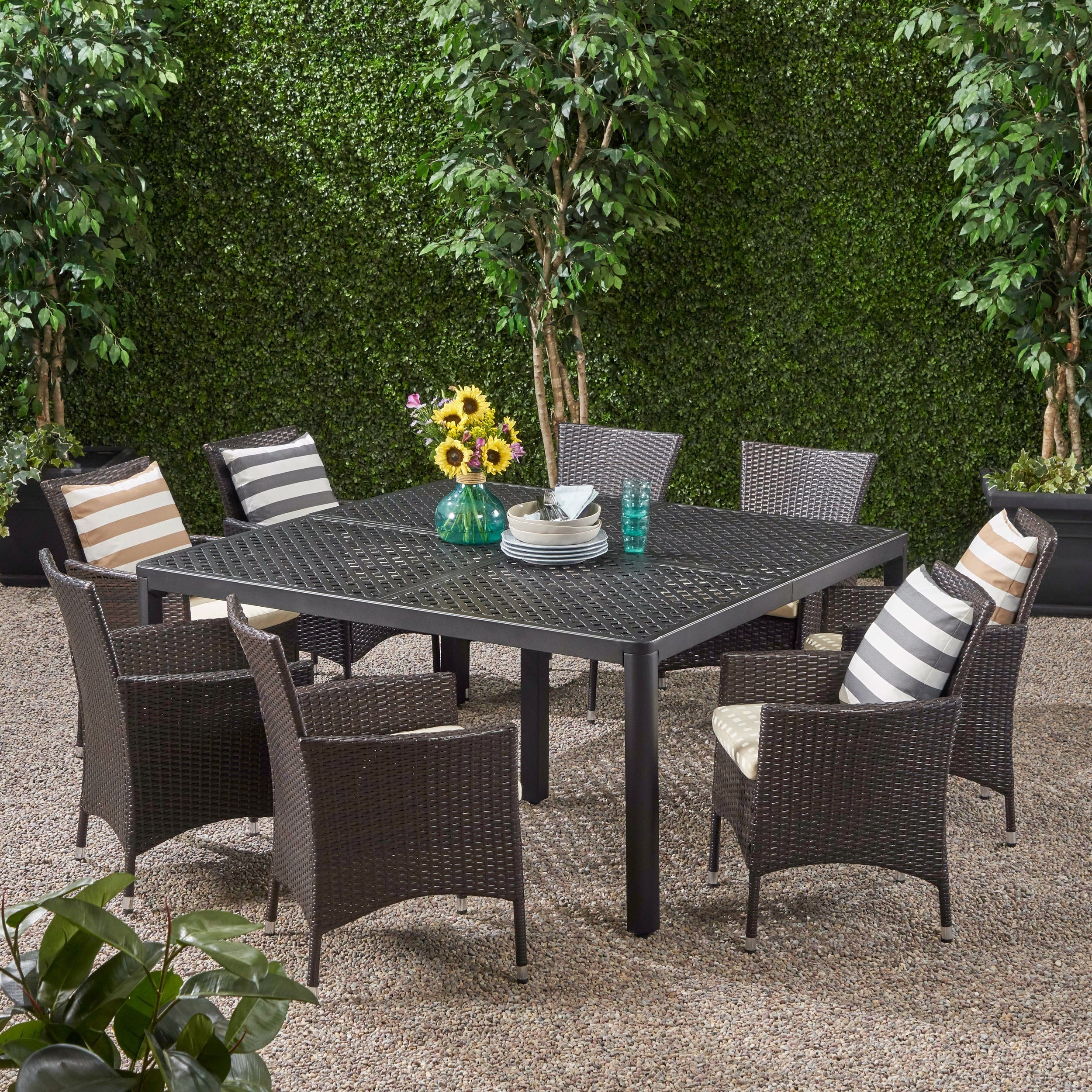 Nelly Outdoor Aluminum and Wicker 8 Seater Dining Set - furnishings