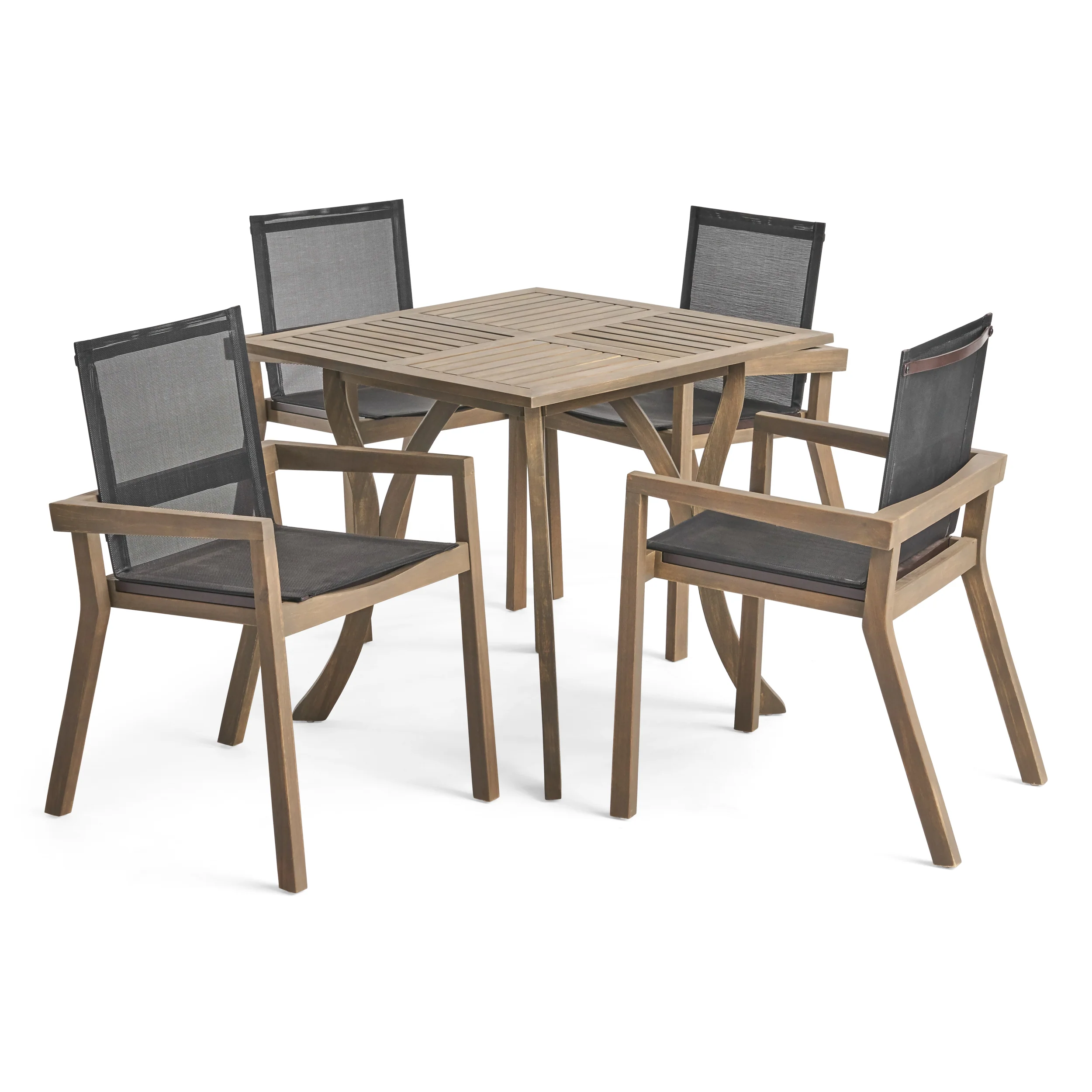 Ruiz Outdoor Acacia Wood 4 Seater Square Dining Set with Mesh Seats - furnishings