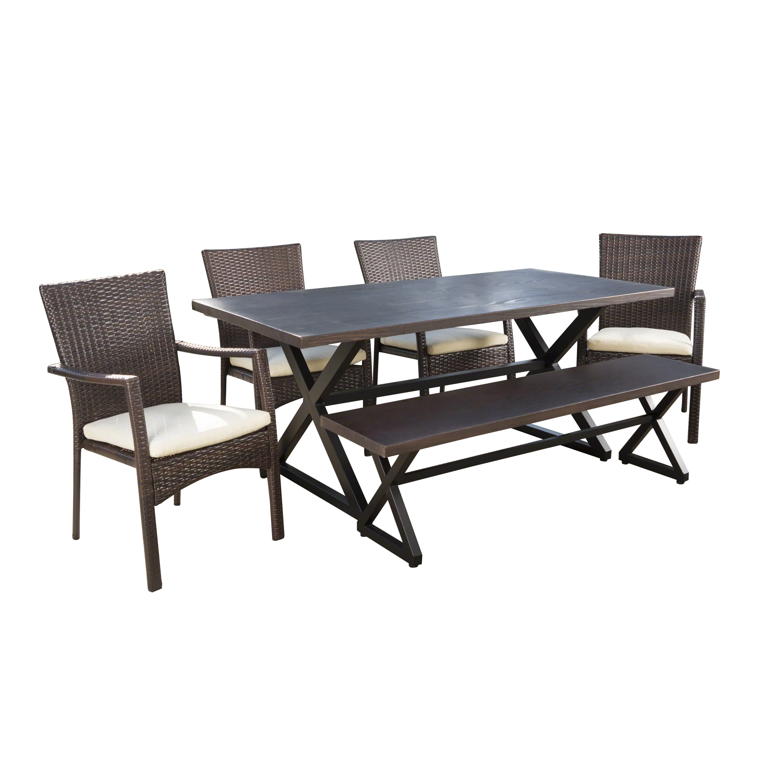 Tripoli Outdoor 6 Piece Aluminum Dining Set with Bench and Wicker Dining Chairs - furnishings