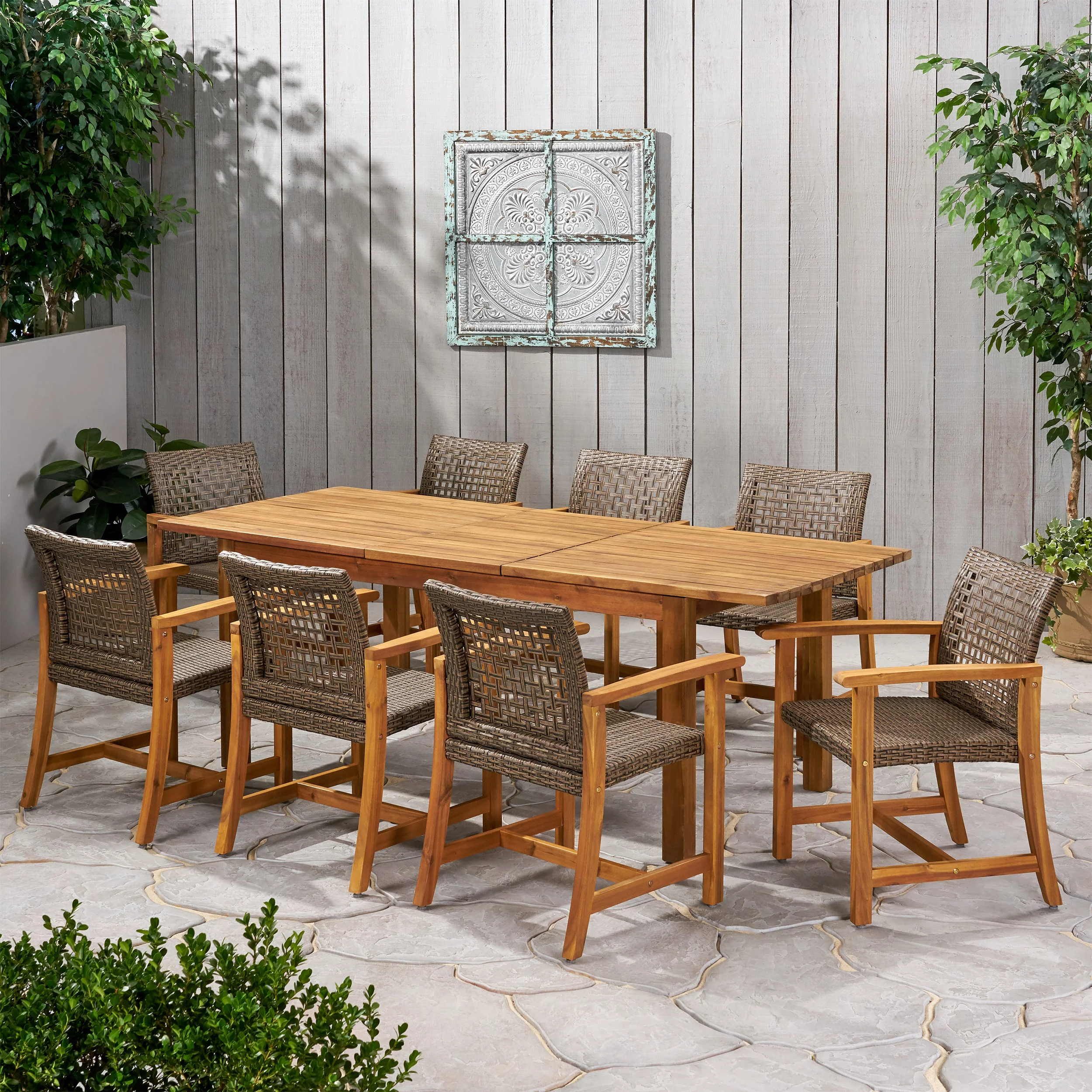 Chassidy Outdoor 8 Seater Acacia Wood Dining Set with Expandable Table - furnishings