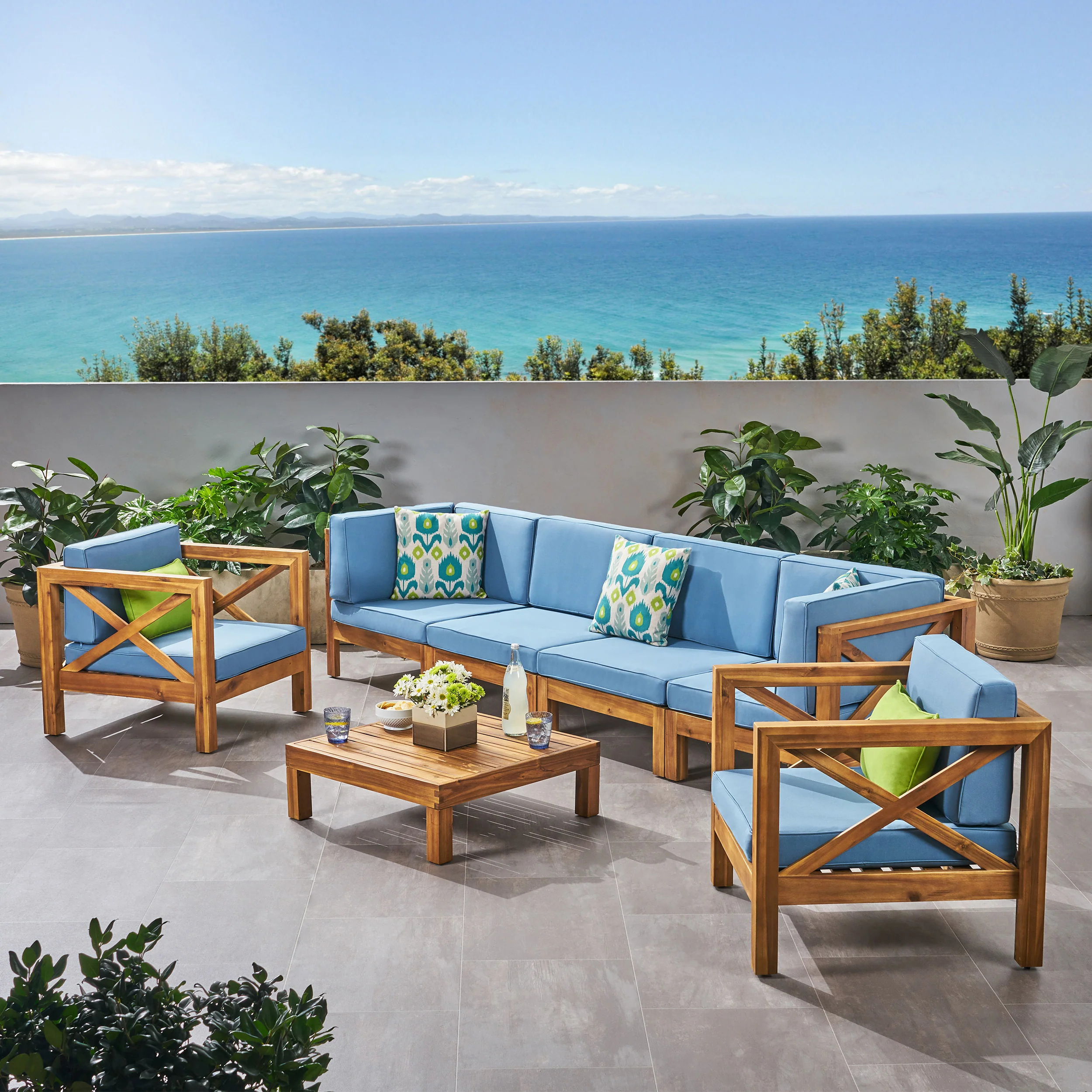 Morgan Outdoor 6 Seater Acacia Wood Sofa Chat Set - furnishings