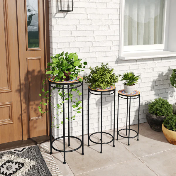 Caius Outdoor Patio Plant Stands, Ceramic Tile, Iron, Set of 3 - furnishings