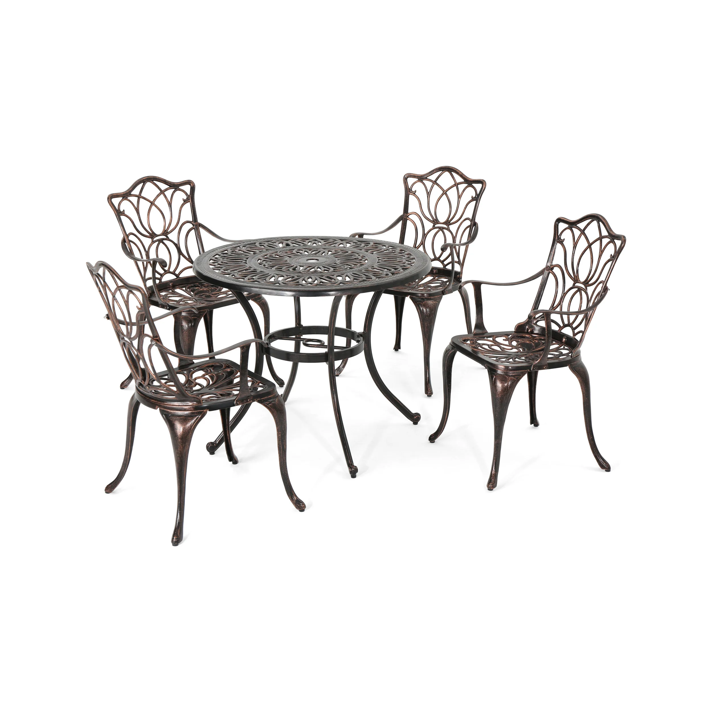Barbara Outdoor 4-Seater Cast Aluminum Round-Table Dining Set, Shiny Copper - furnishings