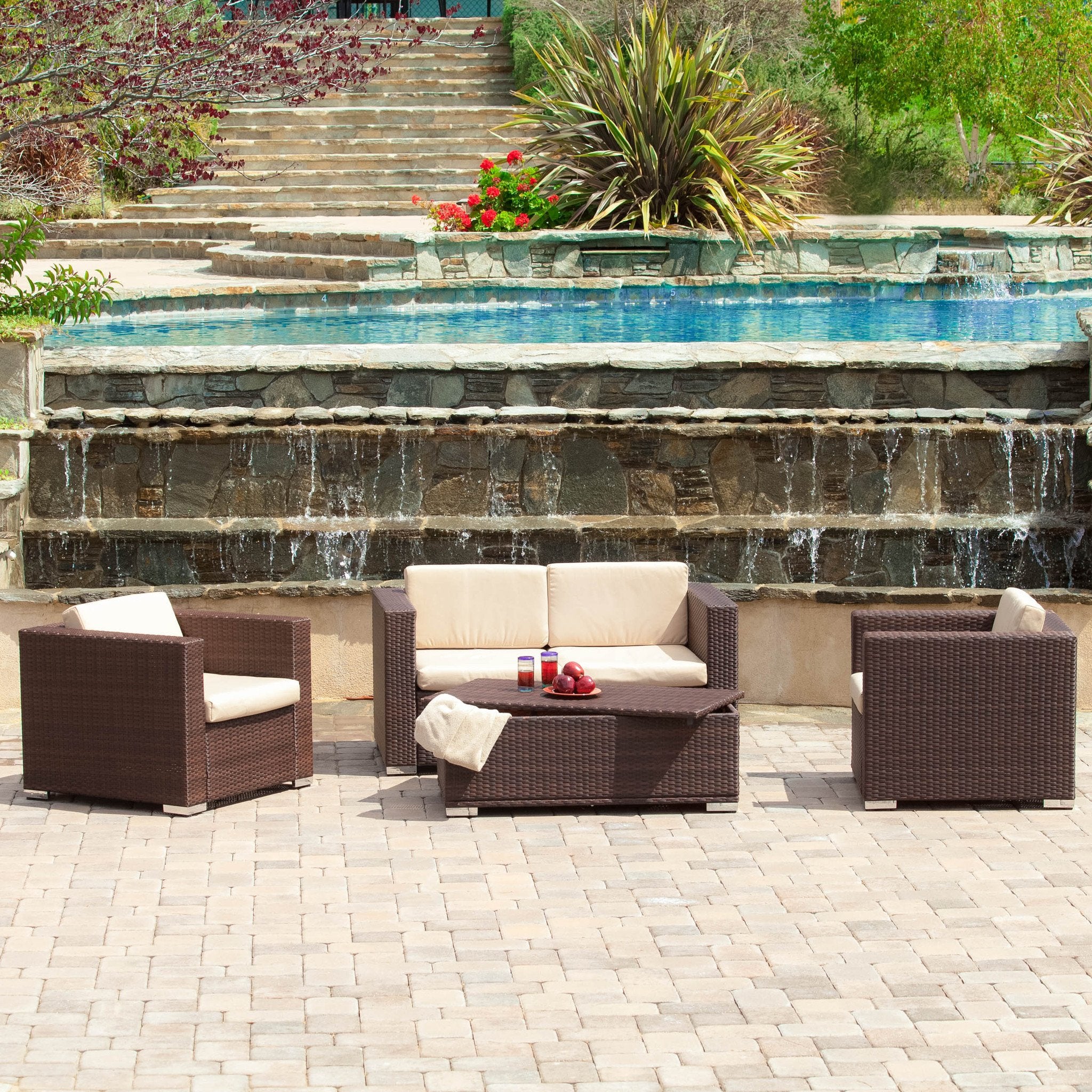 Montague Outdoor 4-Piece Brown Wicker Sofa Set with Storage Ottoman Table - furnishings