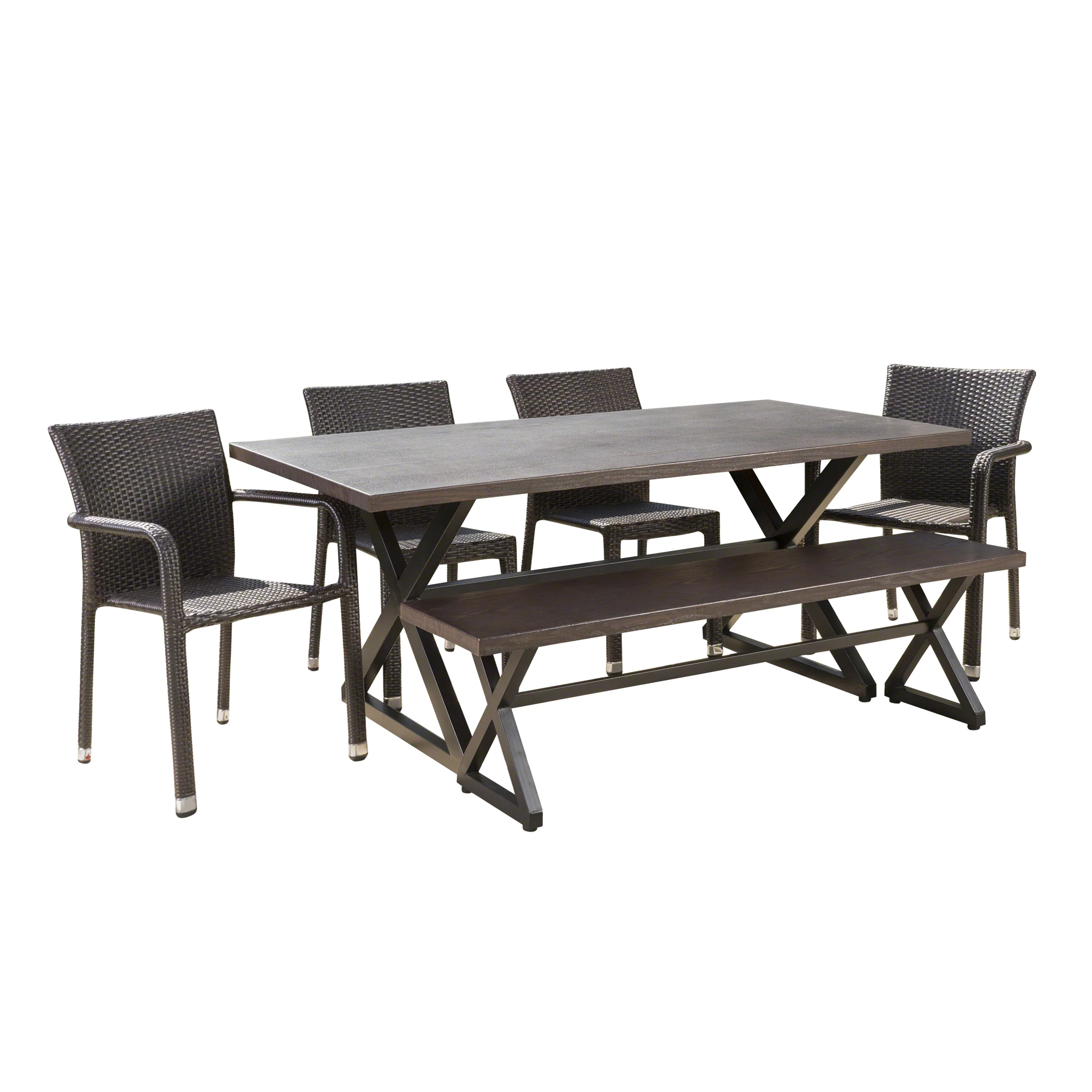 Lomit Outdoor 6 Piece Brown Aluminum Dining Set with Bench and Stacking Chairs - furnishings