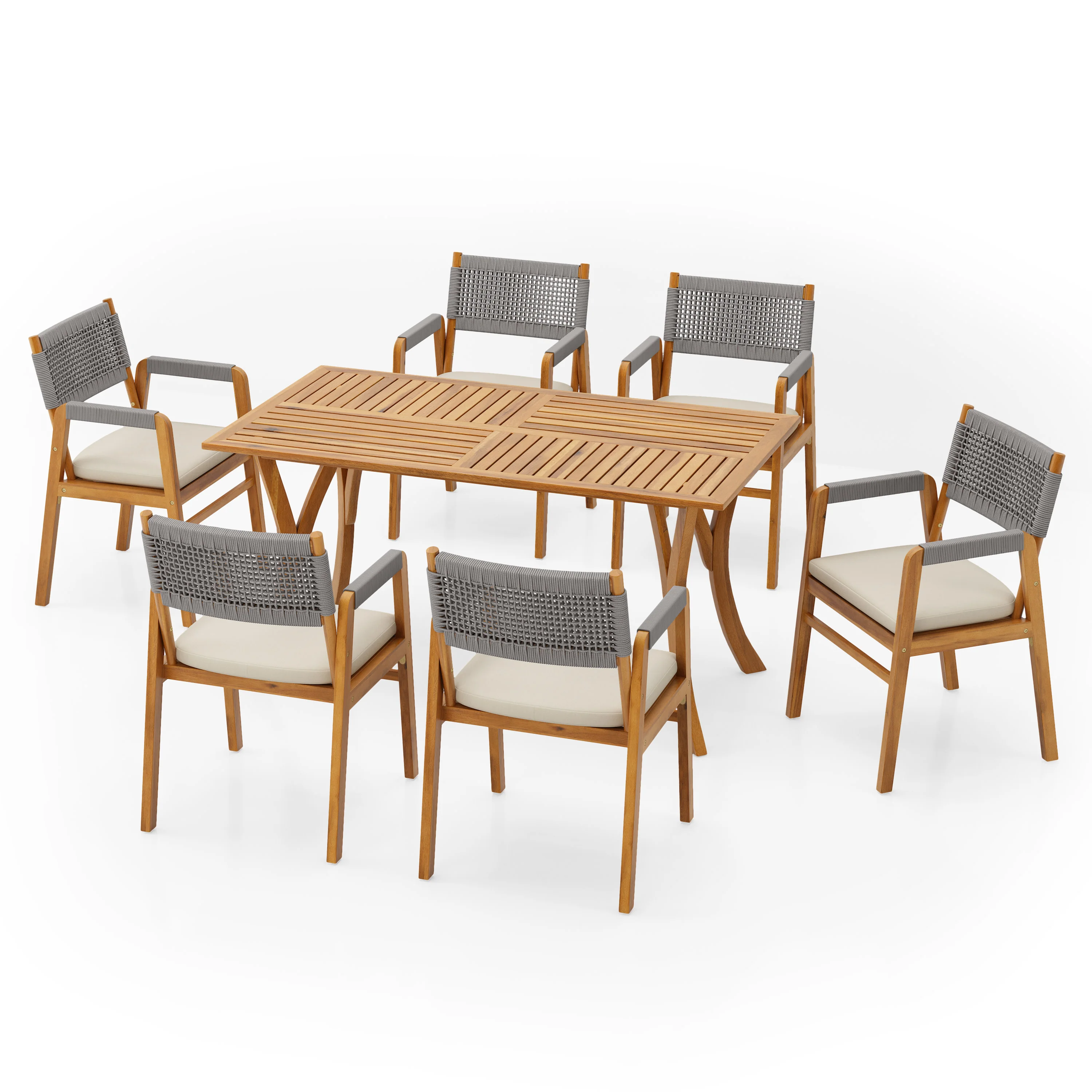 Sagaree Modern Patio Dining Set - Table with 6 Chairs, Wood Finish - furnishings