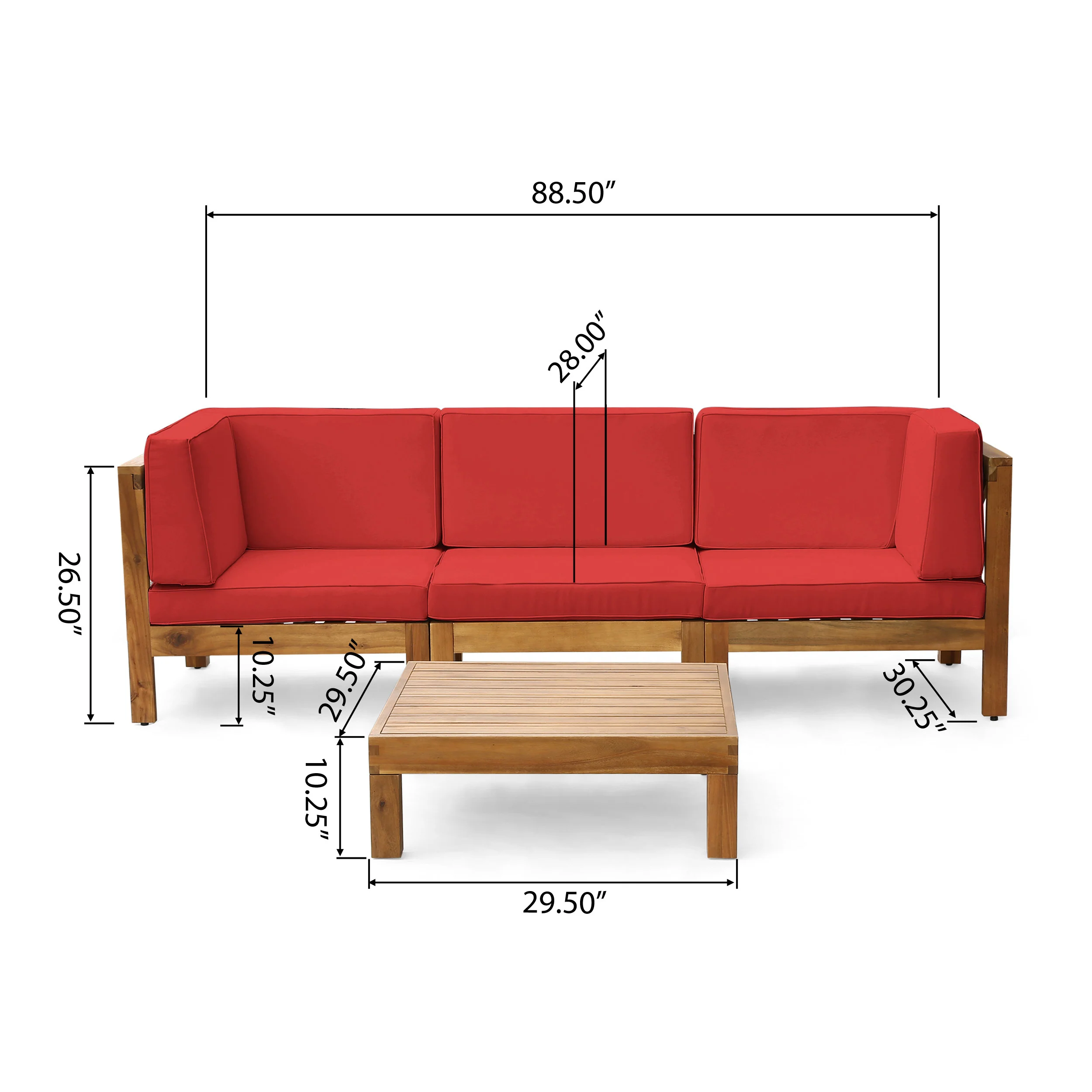 Brava Outdoor Modular Acacia Wood Sofa and Coffee Table Set with Cushions - furnishings