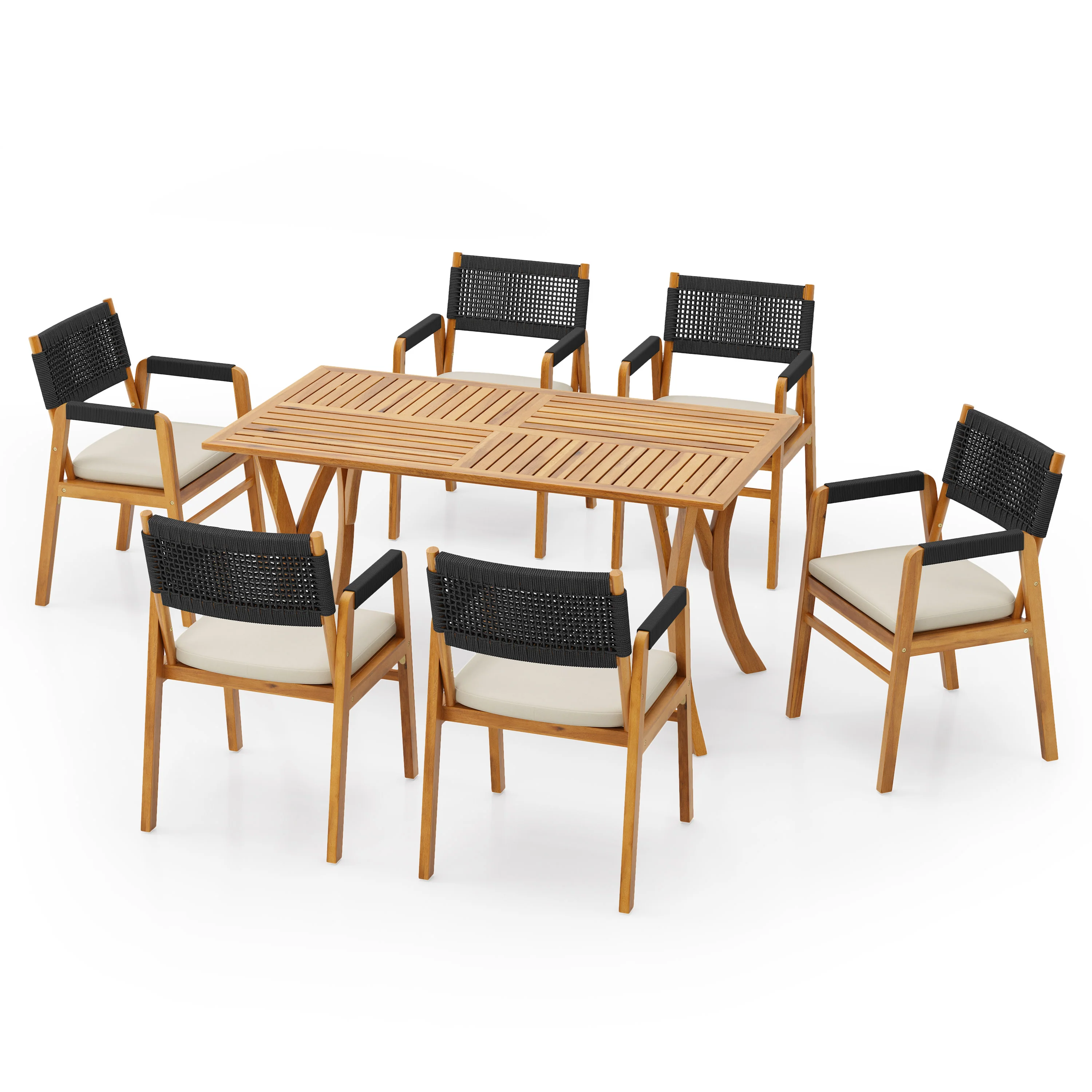 Sagaree Modern Patio Dining Set - Table with 6 Chairs, Wood Finish - furnishings