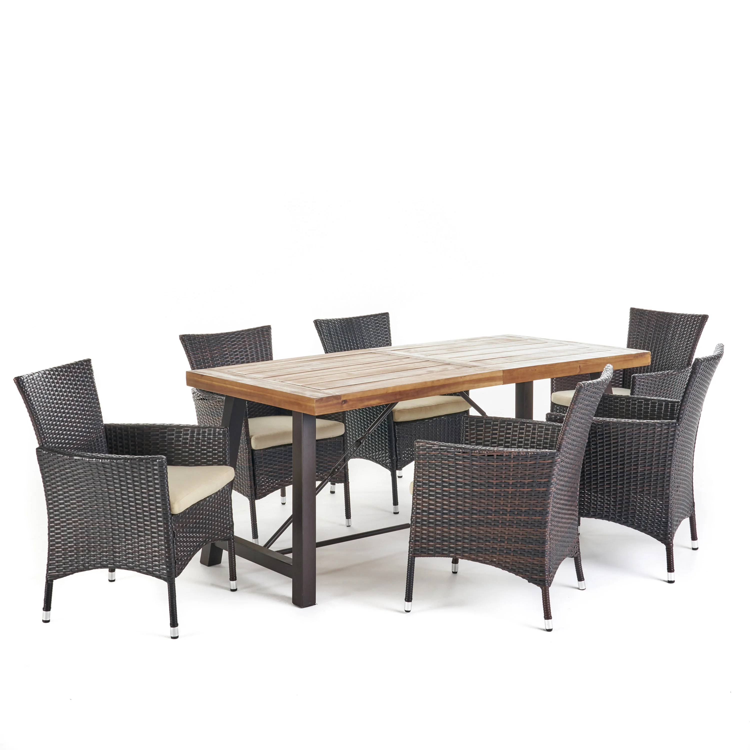 Toretto Outdoor 7 Piece Dining Set with Teak Finished Wood Table and Brown Chairs - furnishings