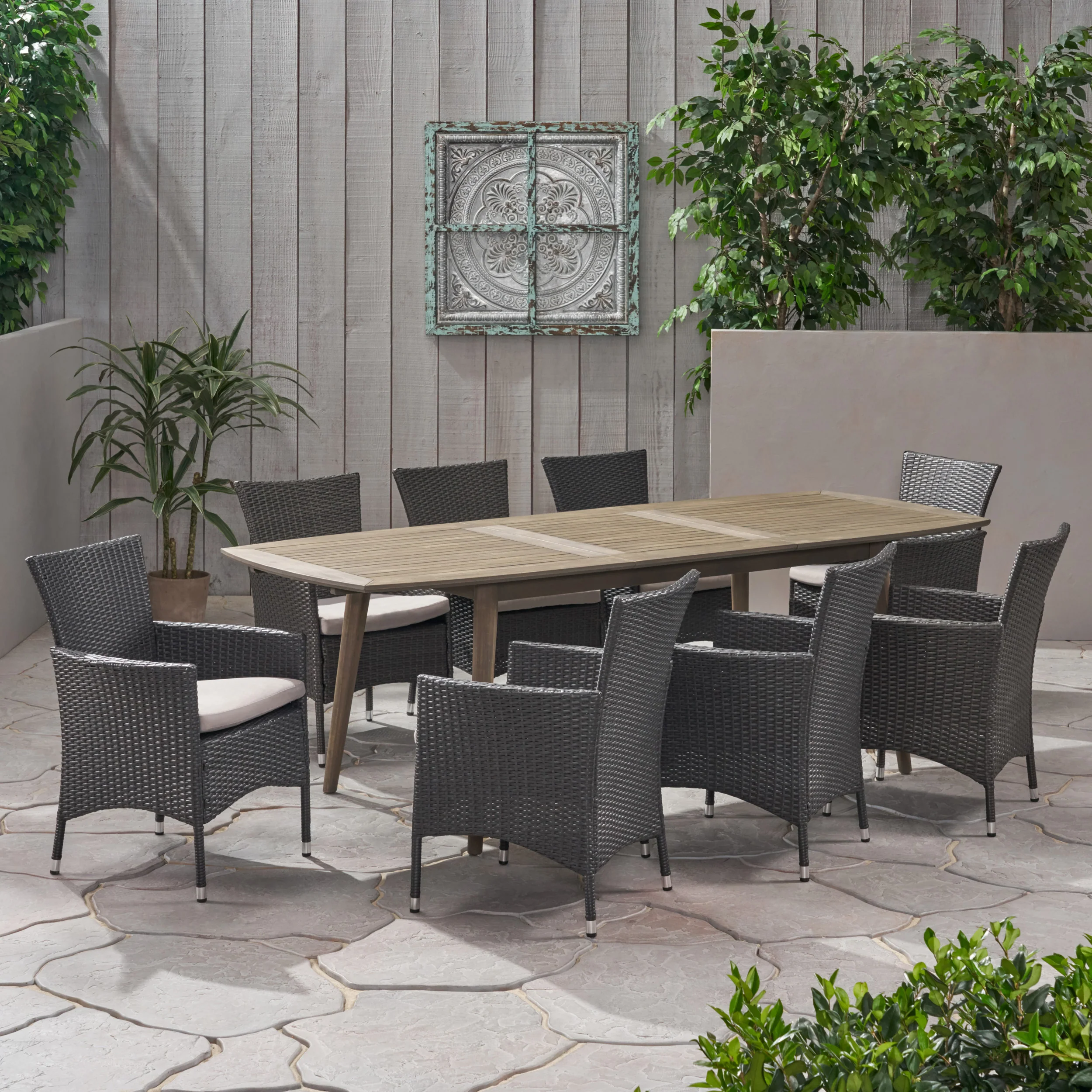 Stefan Outdoor Wood and Wicker Expandable 8 Seater Dining Set - furnishings
