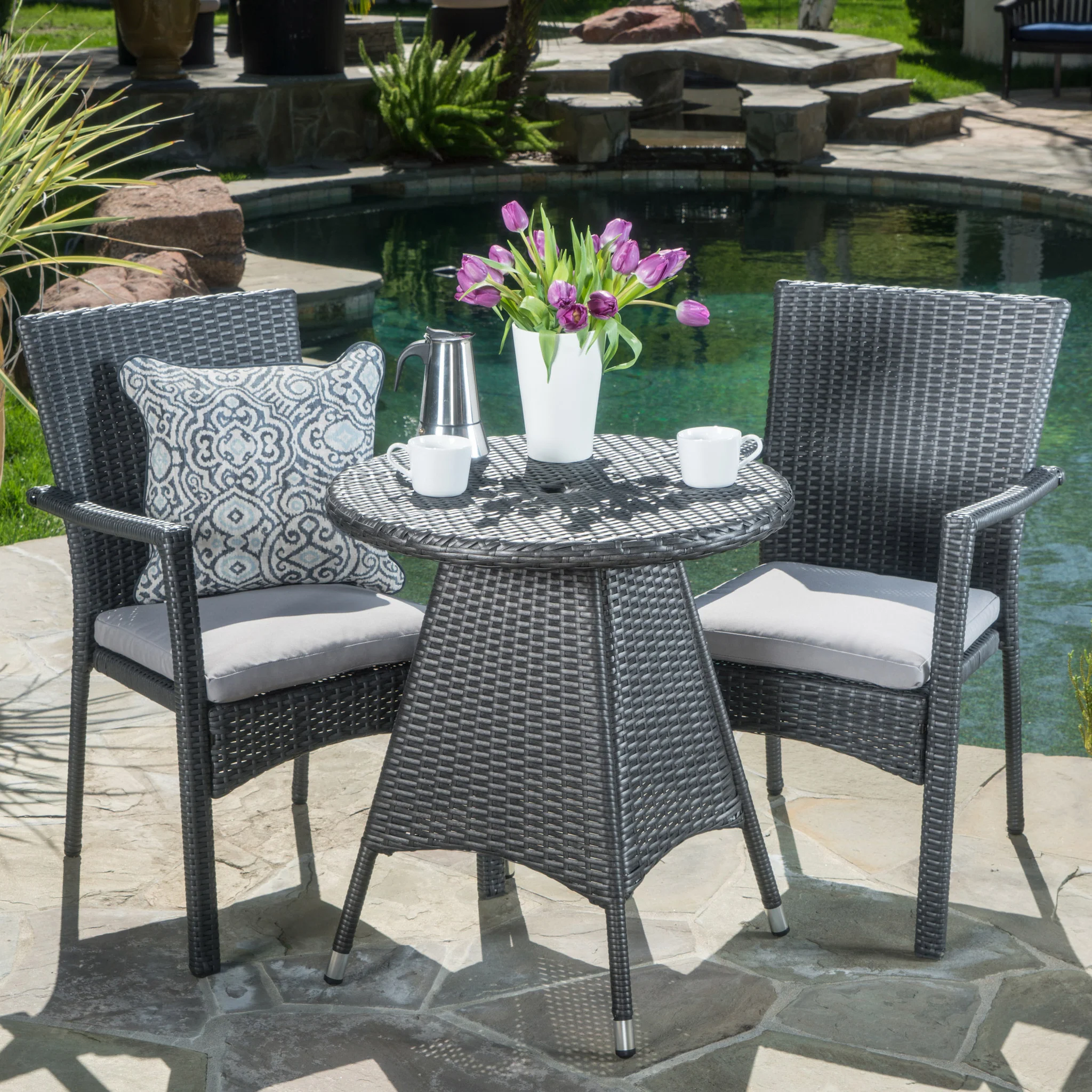 Oxford Outdoor 3 Piece Grey Wicker Dining Set with Cushions - furnishings