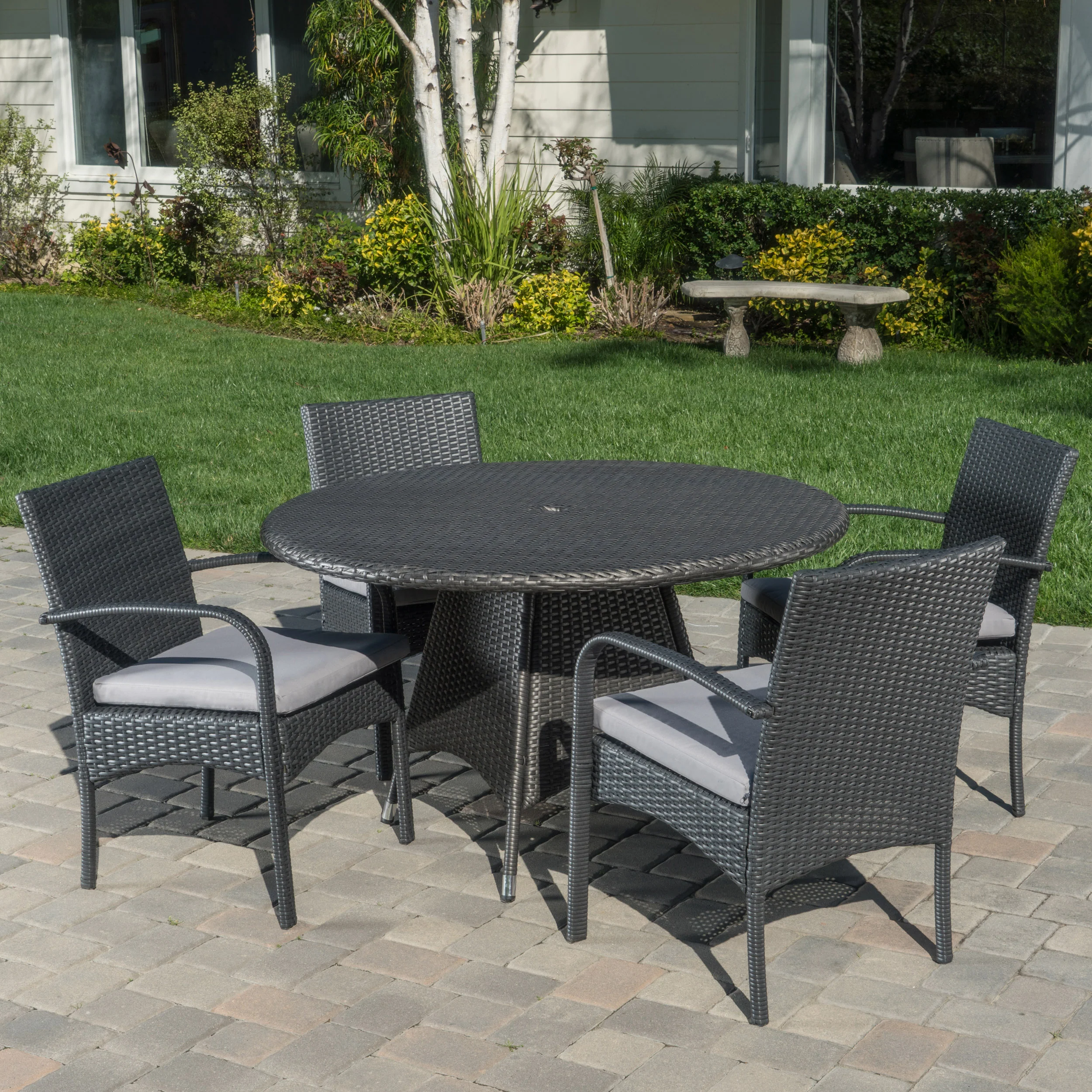 Portola Outdoor 5 Piece Grey Wicker Dining Set with Cushions - furnishings