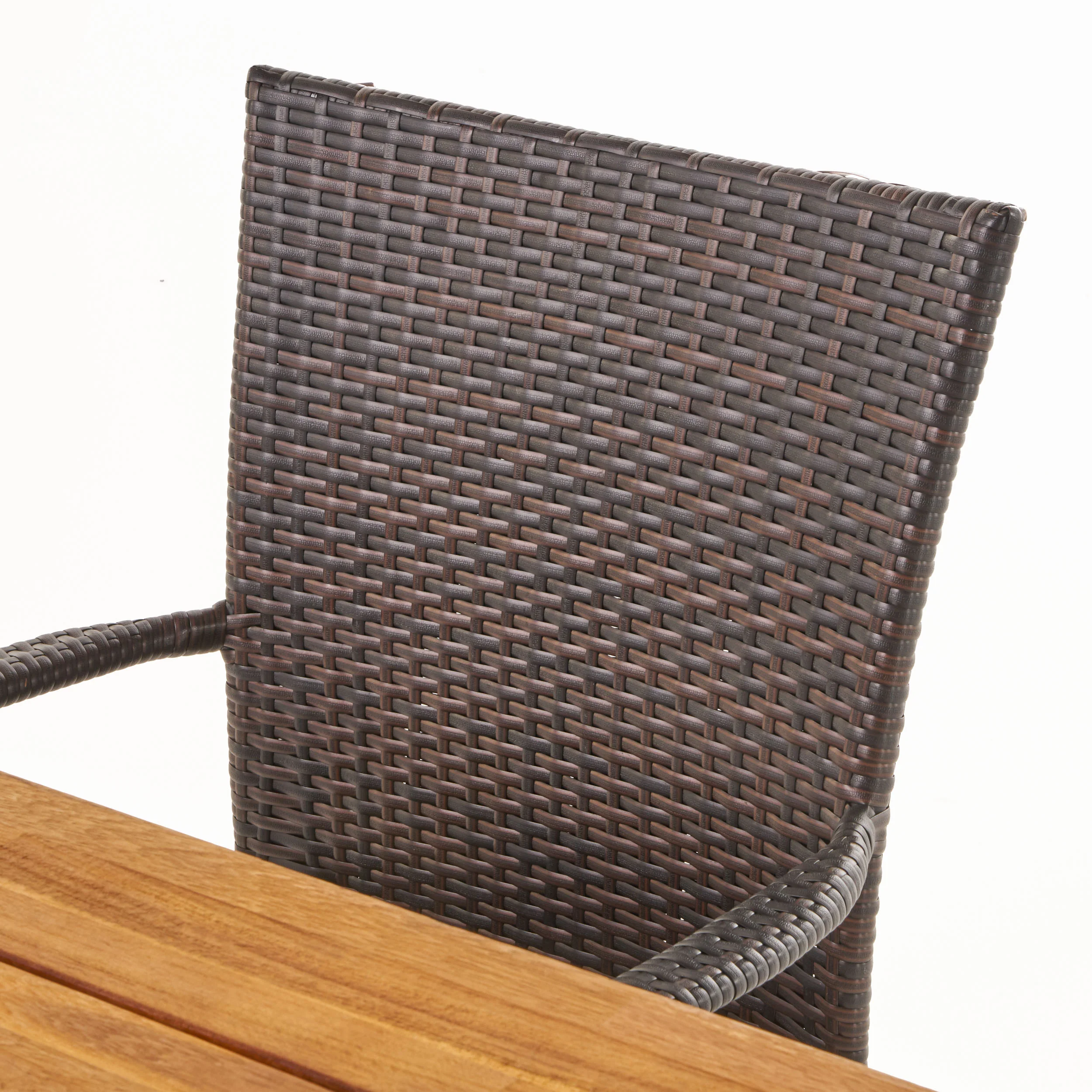 Luminous Outdoor 6 Piece Iron and Acacia Wood Dining Set with Wicker Stacking Chairs - furnishings