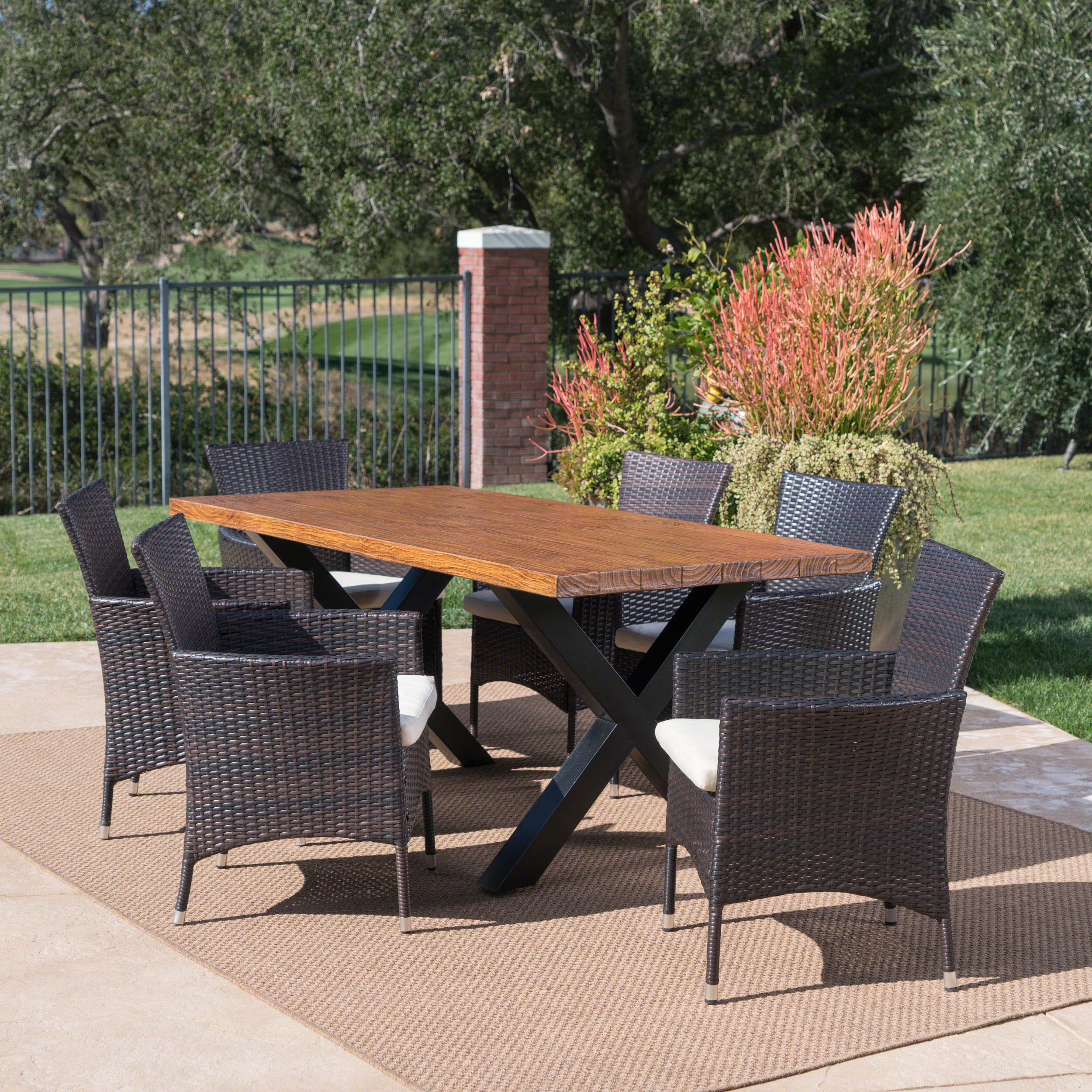 Joyce Outdoor 7 Piece Multi-brown Wicker Dining Set with Concrete Table - furnishings