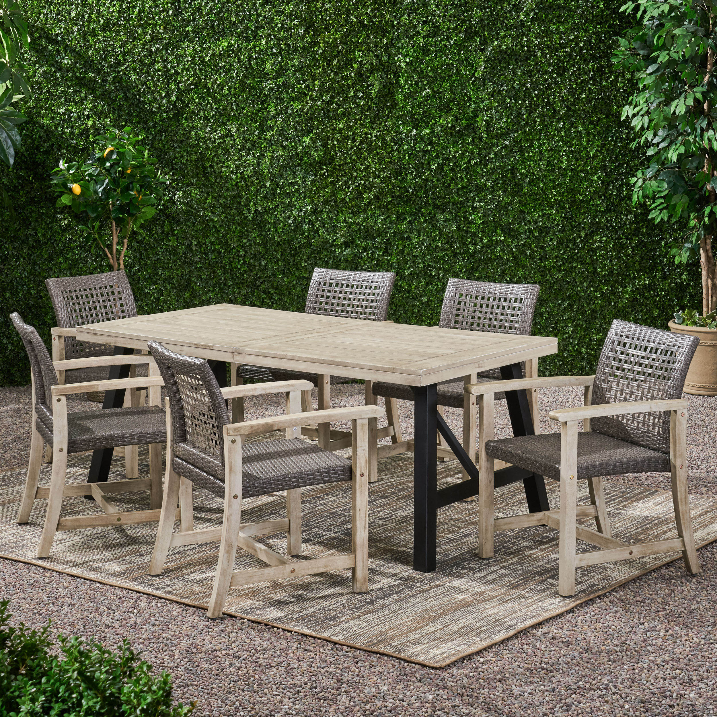 Danis 6 Seater Outdoor Acacia Wood and Wicker Dining Set - furnishings