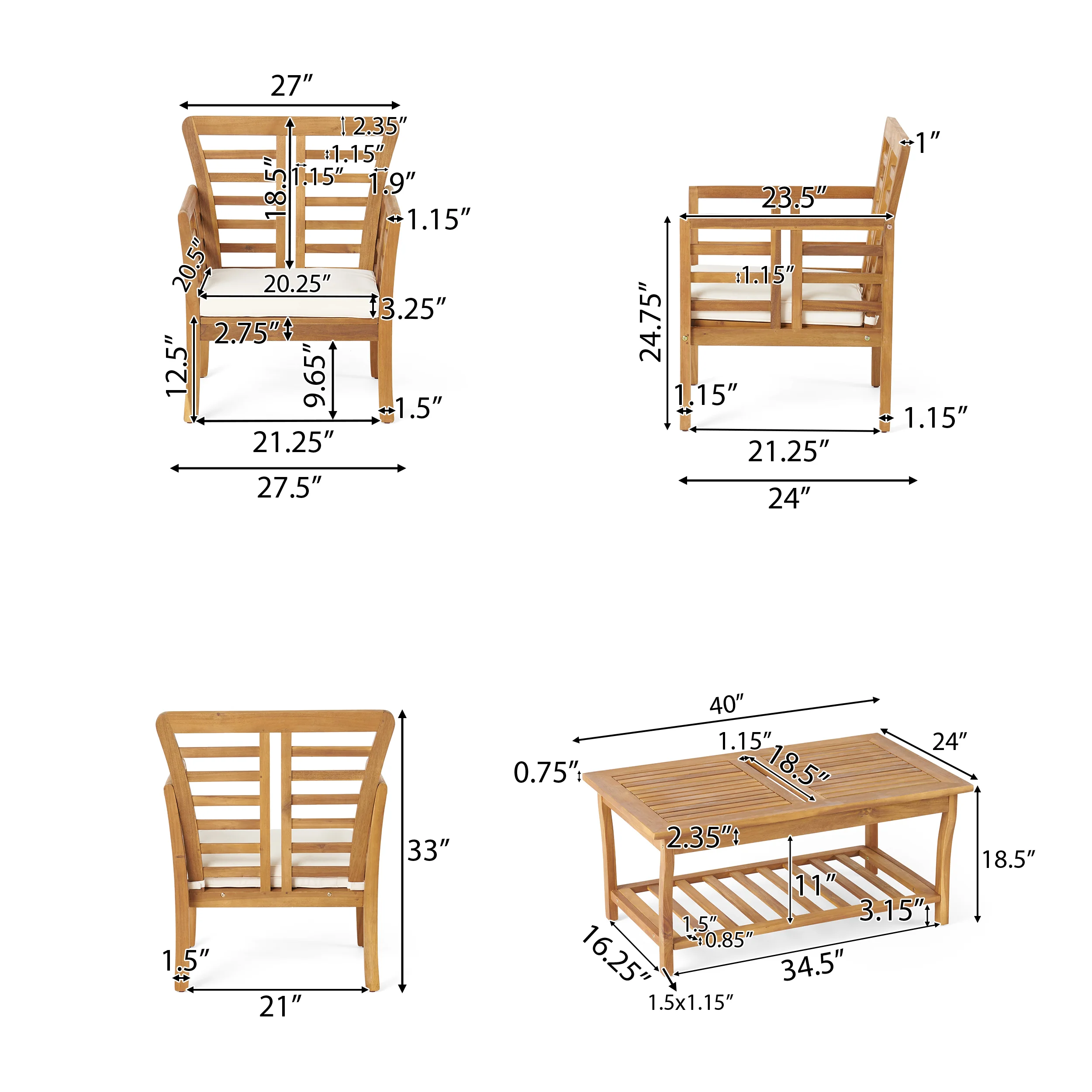 Louis Outdoor 4-piece Solid Wood Chat Set with Cushions - furnishings