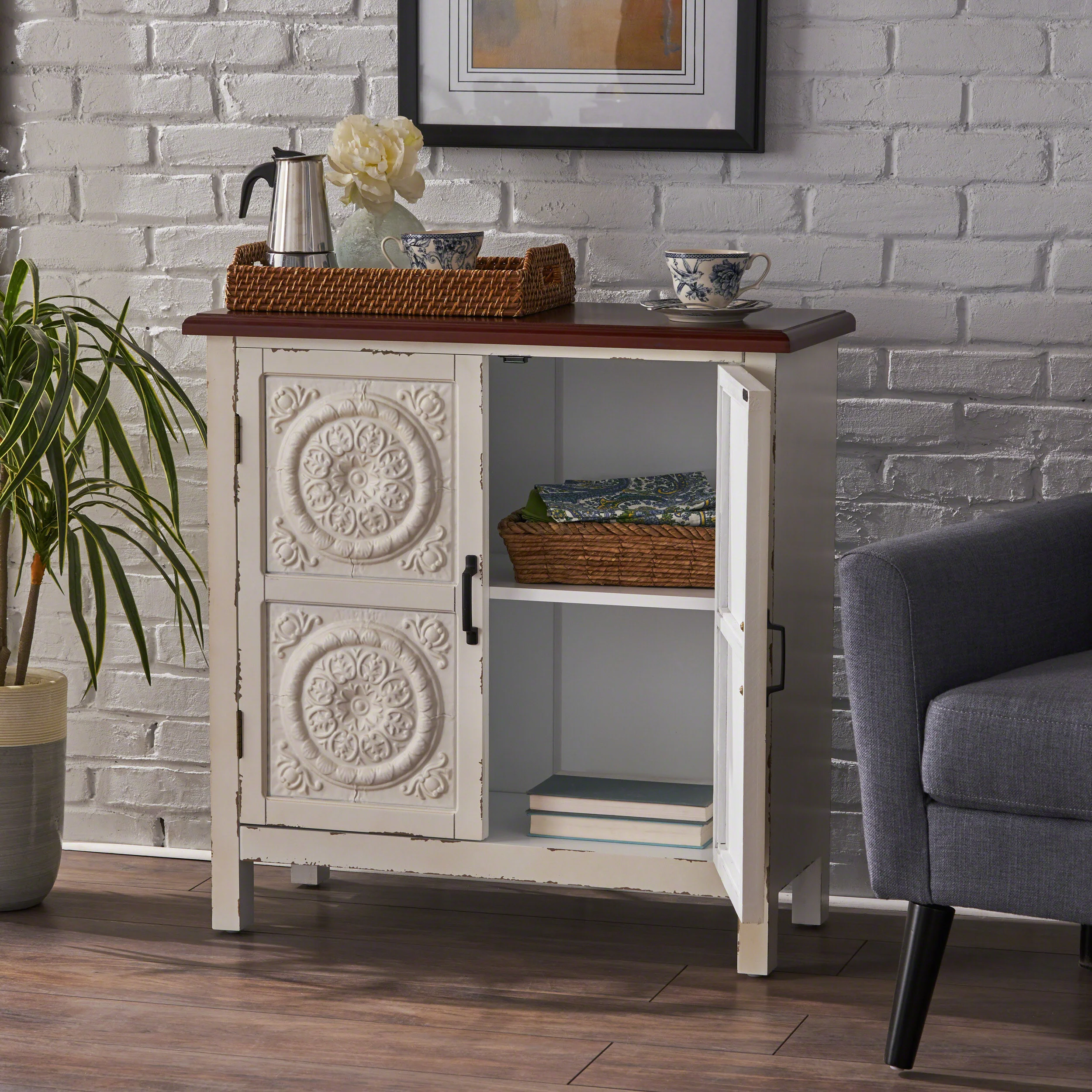 Aliana Finished Firwood Cabinet with Faux Wood Overlay and Accented Top - furnishings