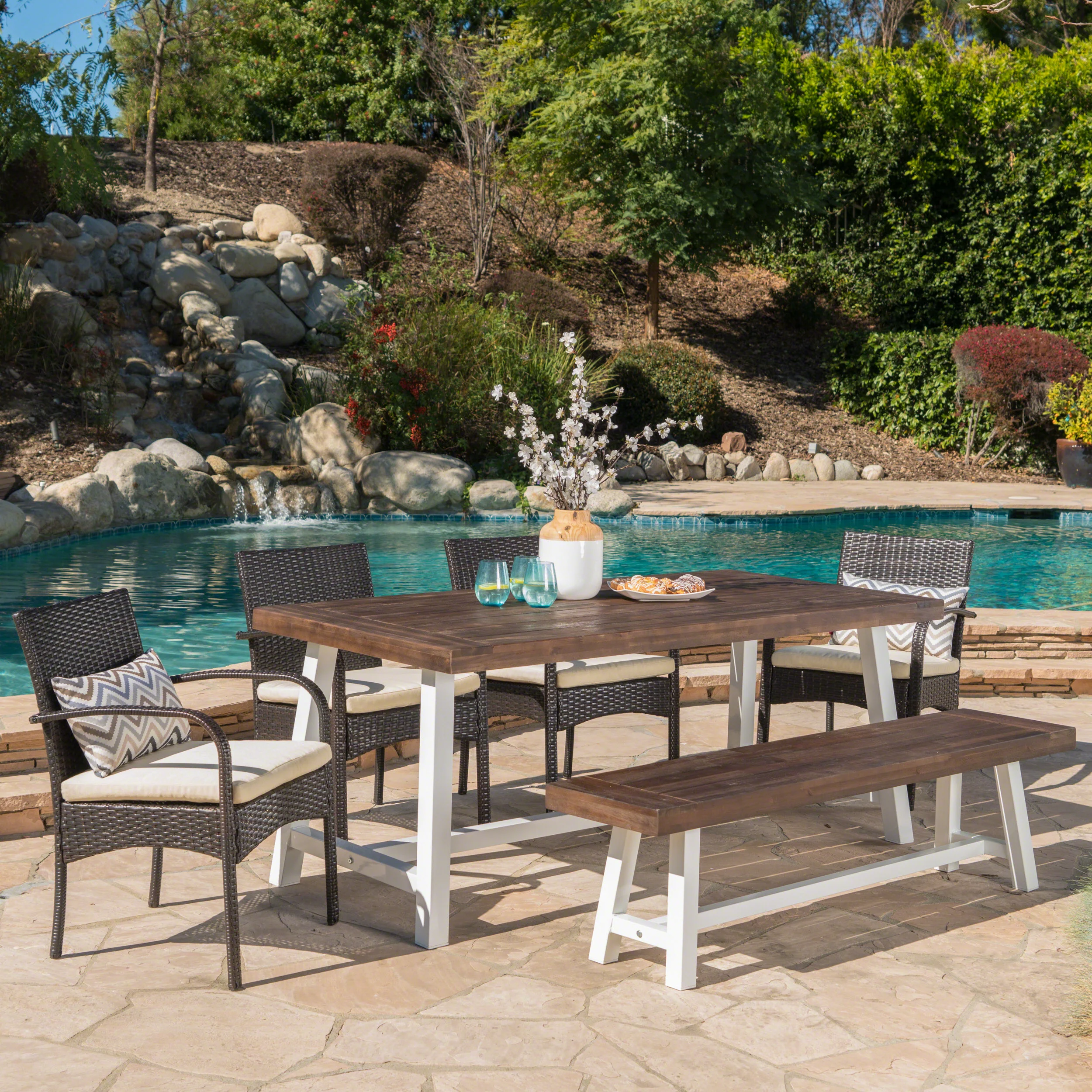 Louise Outdoor 6 Piece Wicker & Acacia Wood Dining Set - furnishings