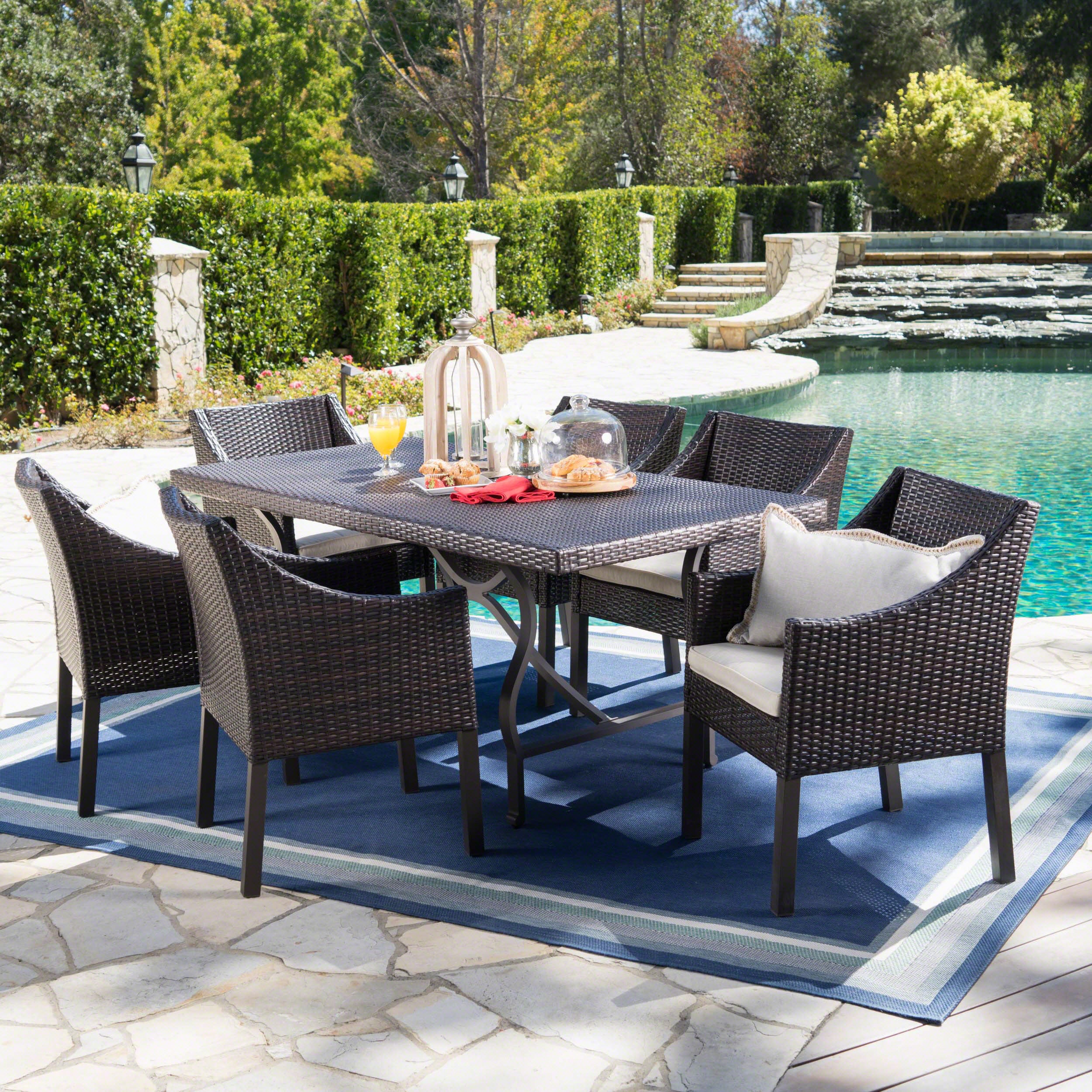 Azore Outdoor 7 Piece Wicker Dining Set with Aluminum Framed Dining Table - furnishings