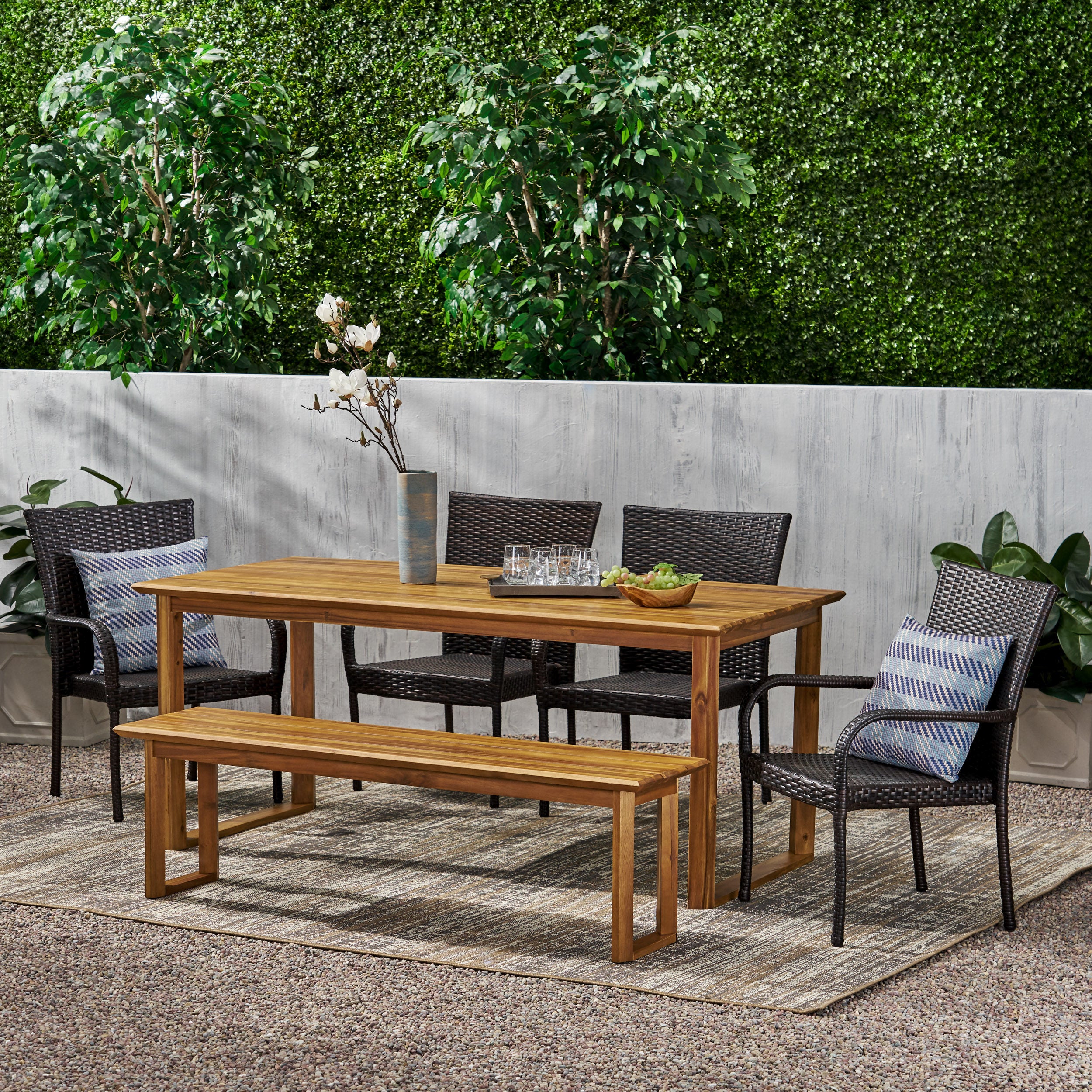 Conifer Outdoor Acacia Wood and Wicker 6 Piece Dining Set with Bench - furnishings