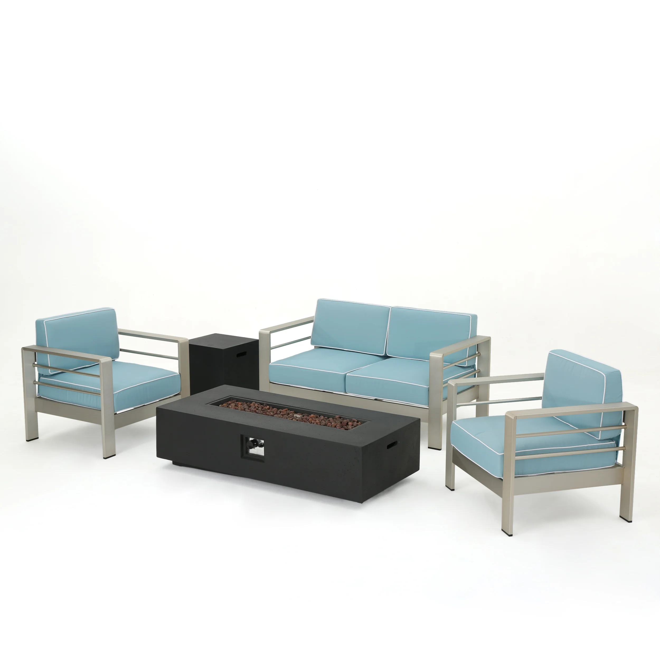 Crested Bay 5 Piece Aluminum Chat Set with Water Resistant Cushions and Fire Pit - furnishings