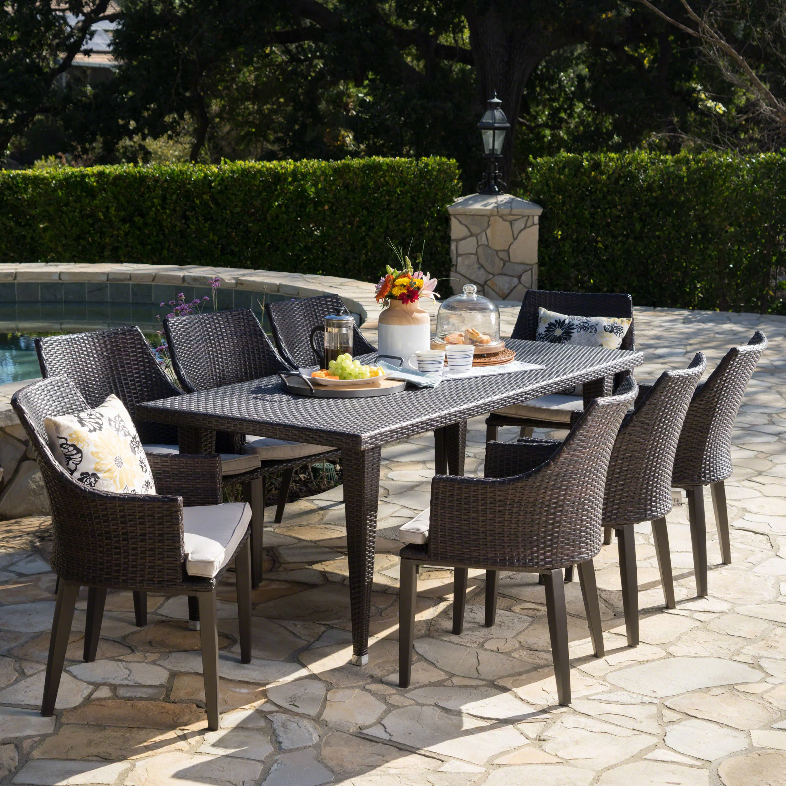 Lenorde Outdoor 9 Piece Wicker Rectangular Dining Set with Water Resistant Cushions - furnishings