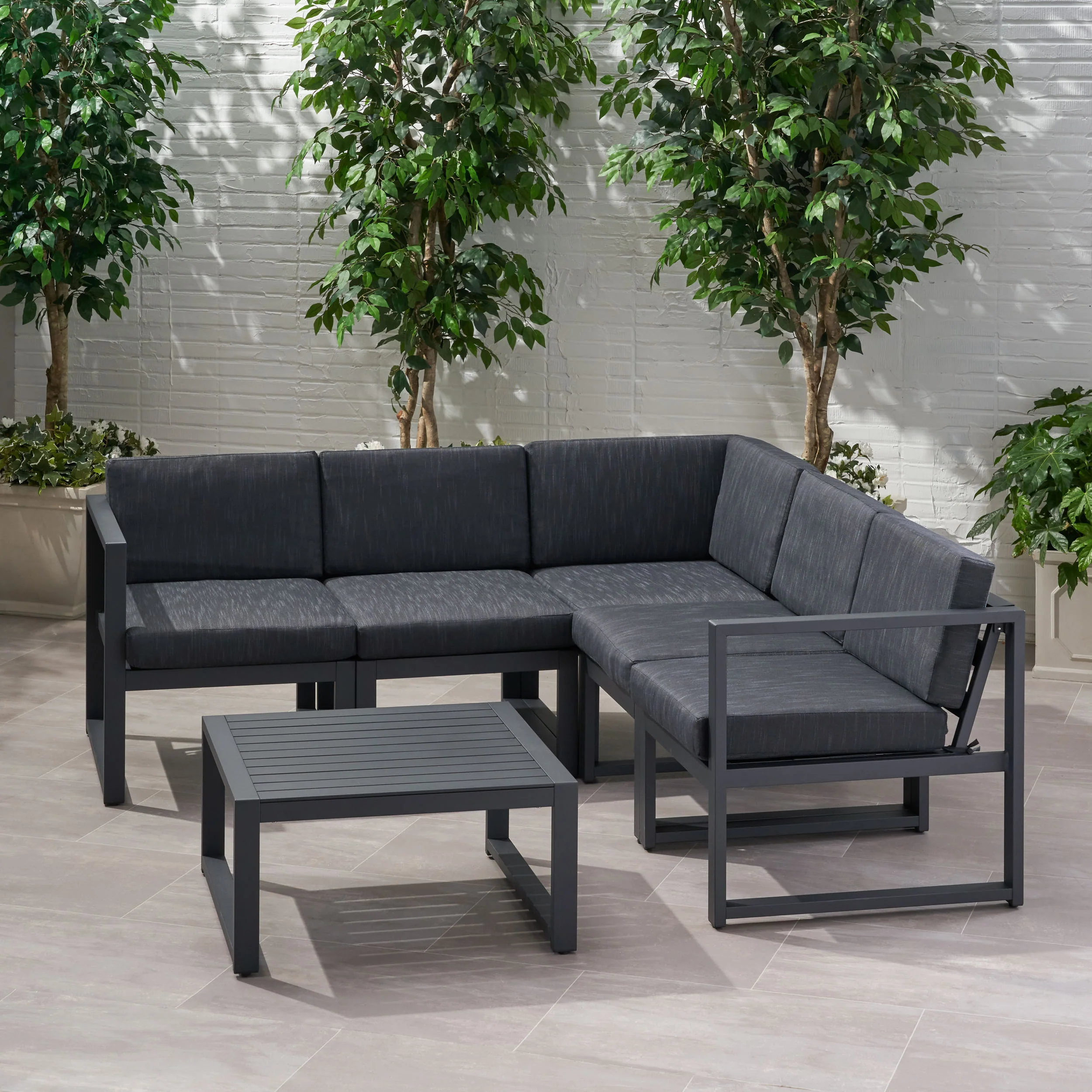 Nealie Outdoor Water Resistant Cushions 6 PC Sofa Set w/ Stone Finished Tempered Glass Coffee Table - furnishings