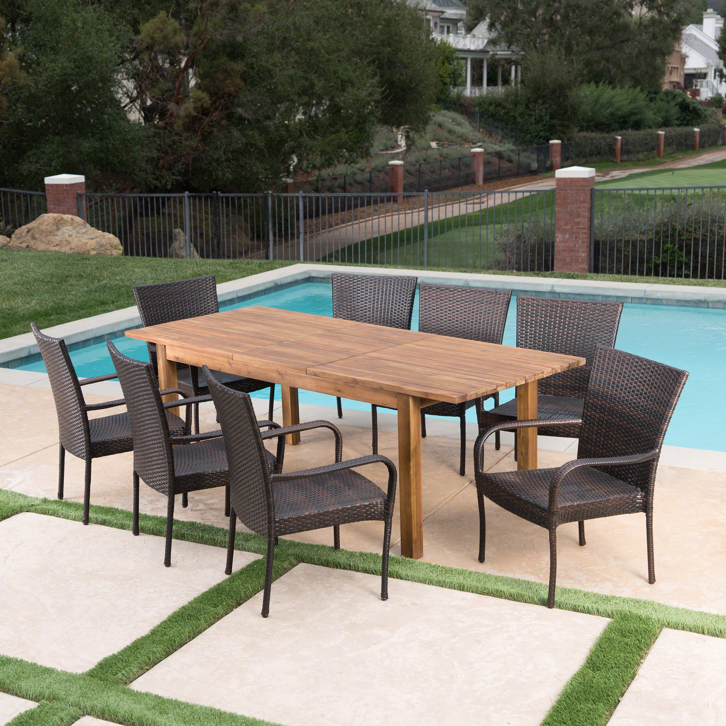 Delilah Outdoor 9 Piece Wicker Dining Set with Wood Expandable Dining Table - furnishings