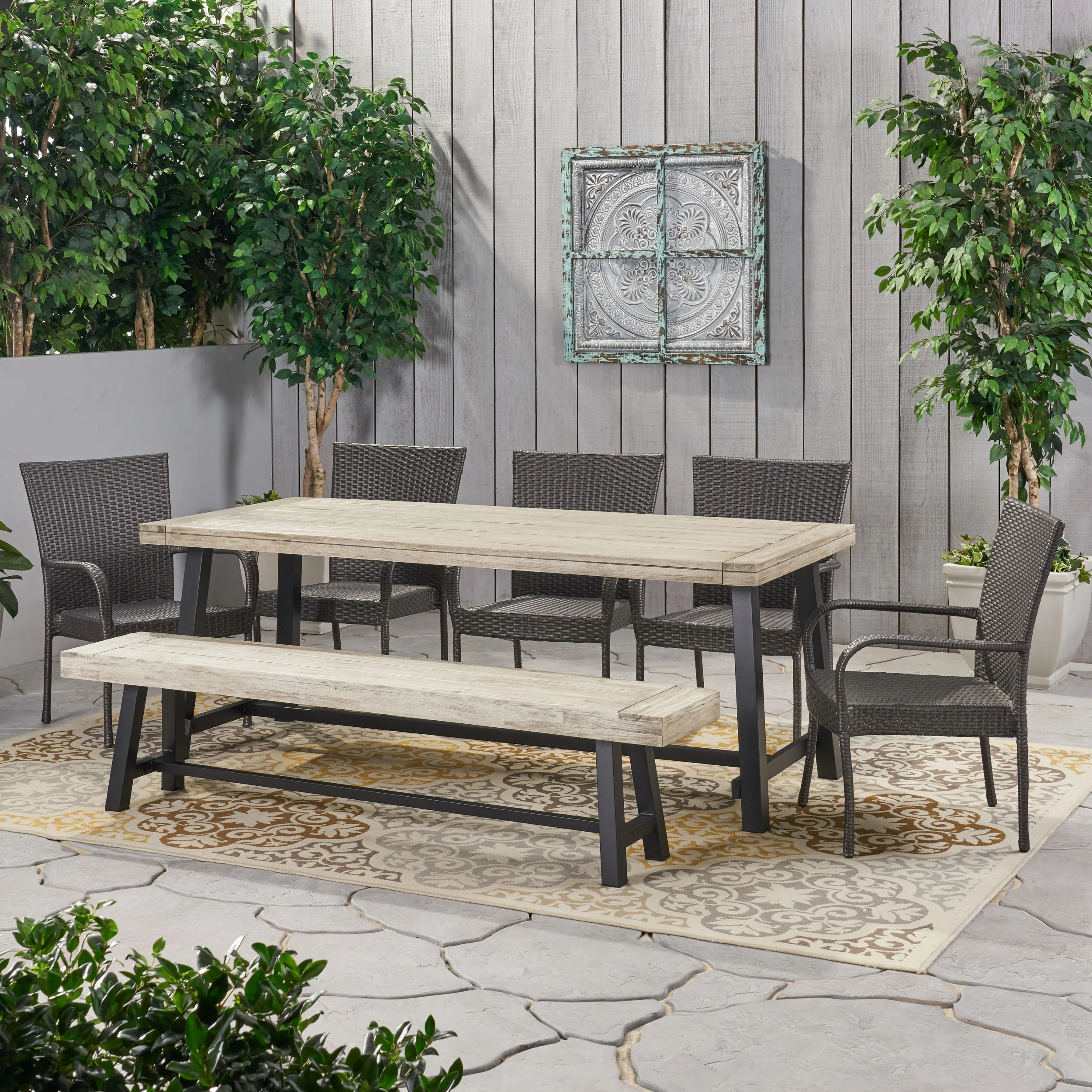 Gryphon Outdoor Rustic Acacia Wood 8 Seater Dining Set with Dining Bench - furnishings