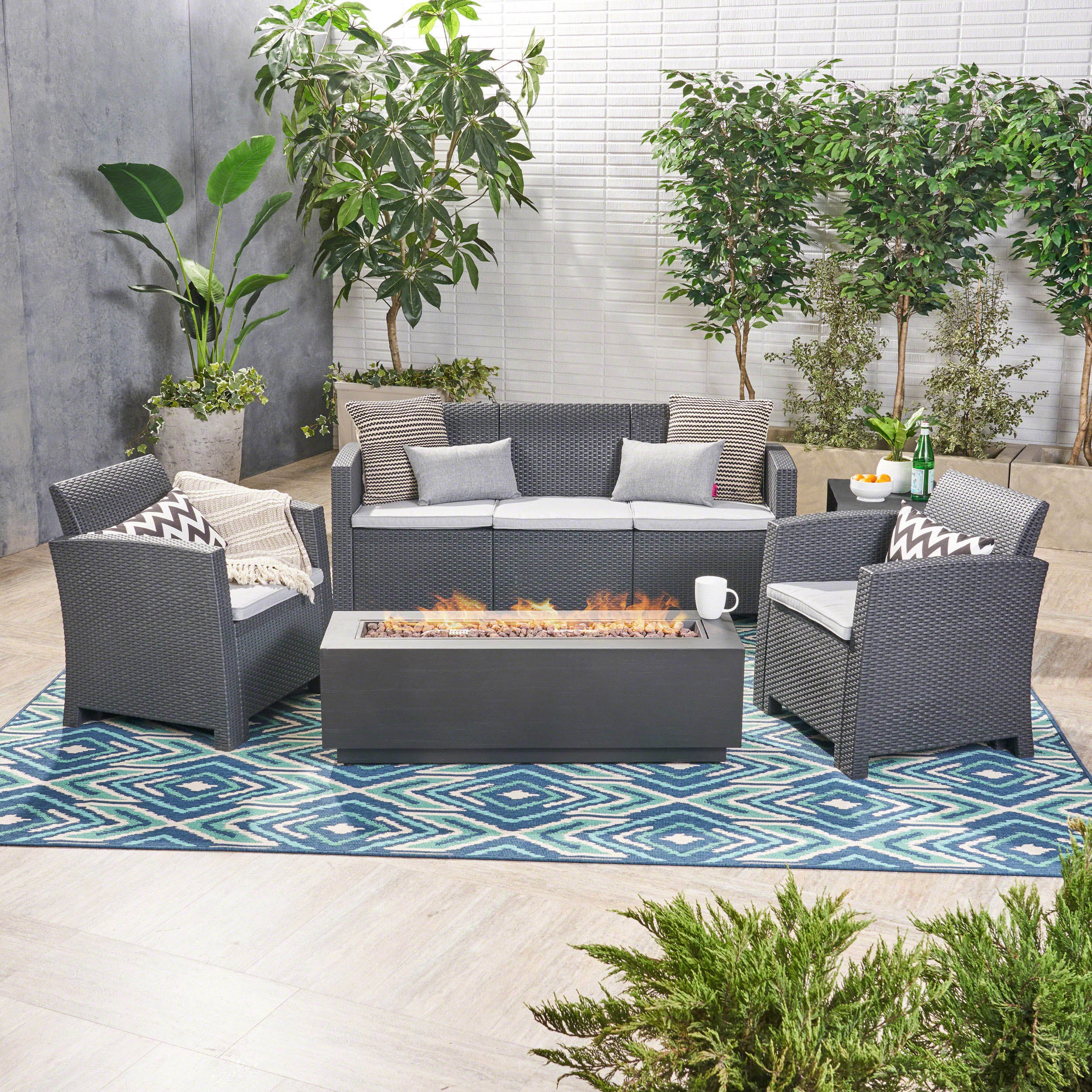 Dane Outdoor 5-Seater Wicker Print Chat Set with Fire Pit and Tank Holder, Charcoal with Light Gray and Dark Gray - furnishings