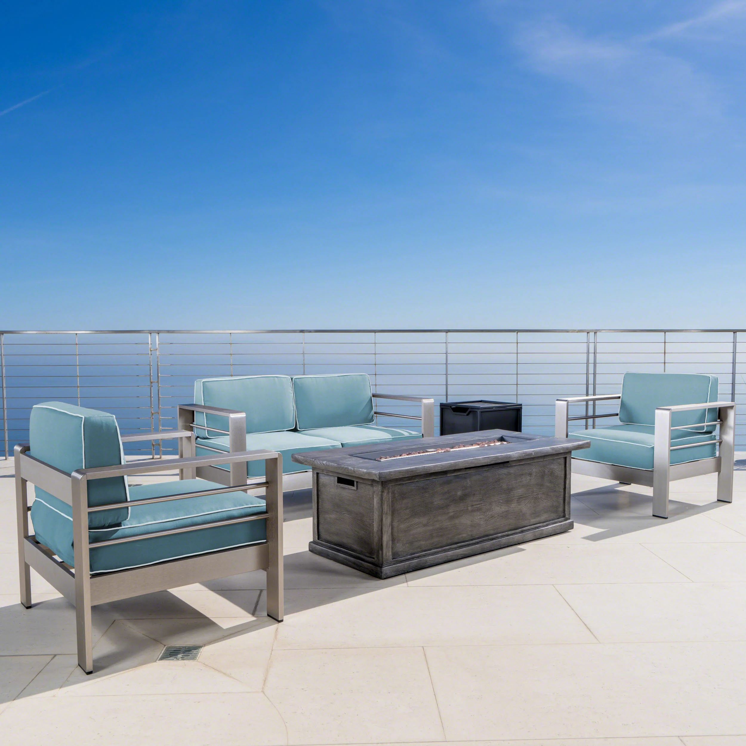 Crested Bay 5 Piece Aluminum Chat Set with Water Resistant Cushions and Fire Pit - furnishings