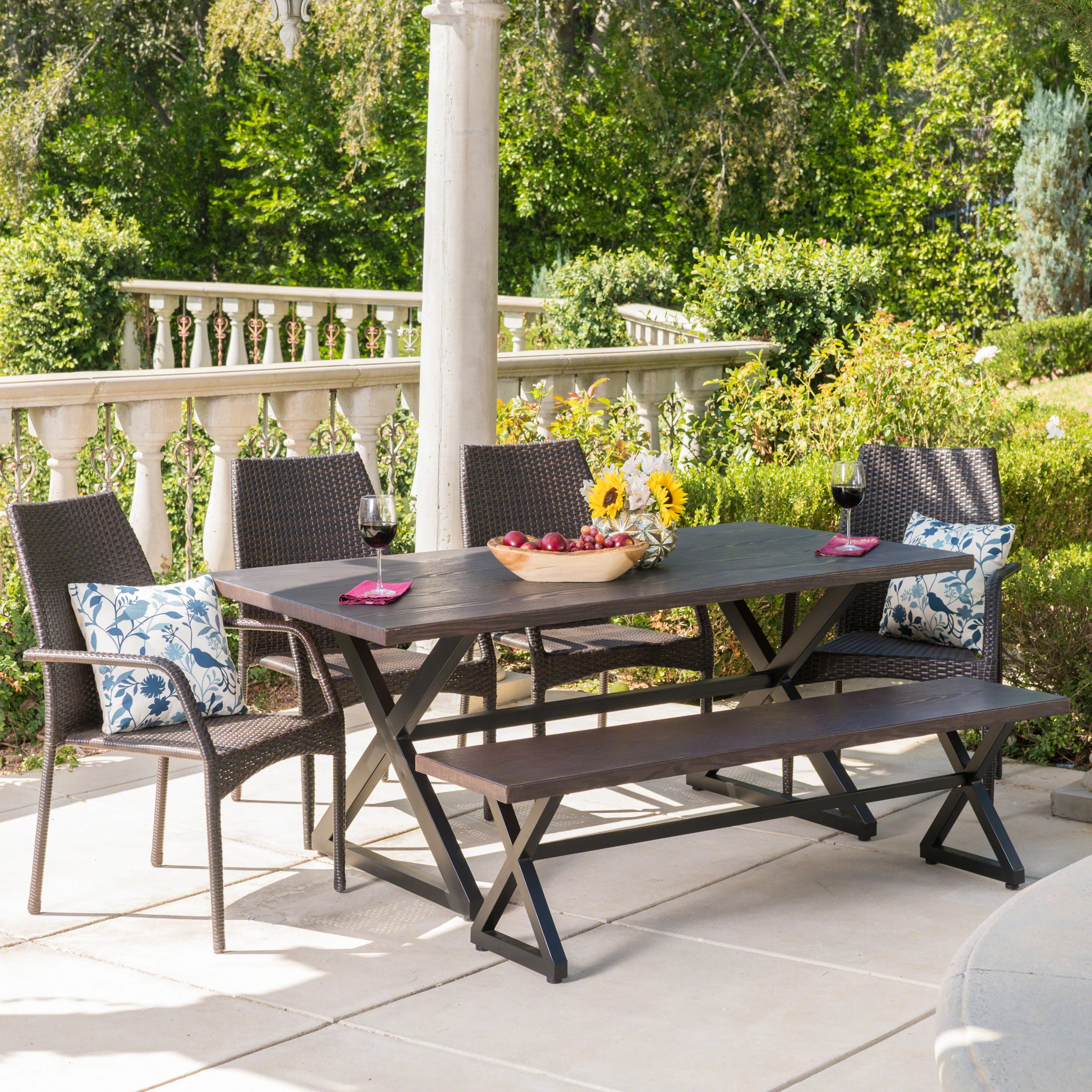 Cassandra Outdoor 6 Piece Brown Aluminum Dining Set with Bench and Wicker Chairs - furnishings