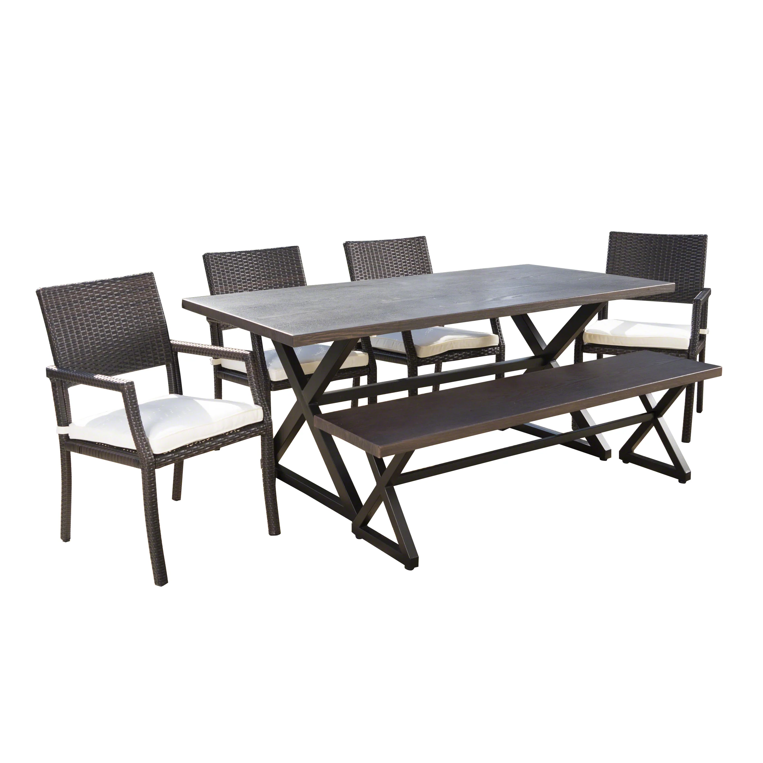 Sherman Outdoor 6 Piece Aluminum Dining Set with Bench and Wicker Dining Chairs - furnishings