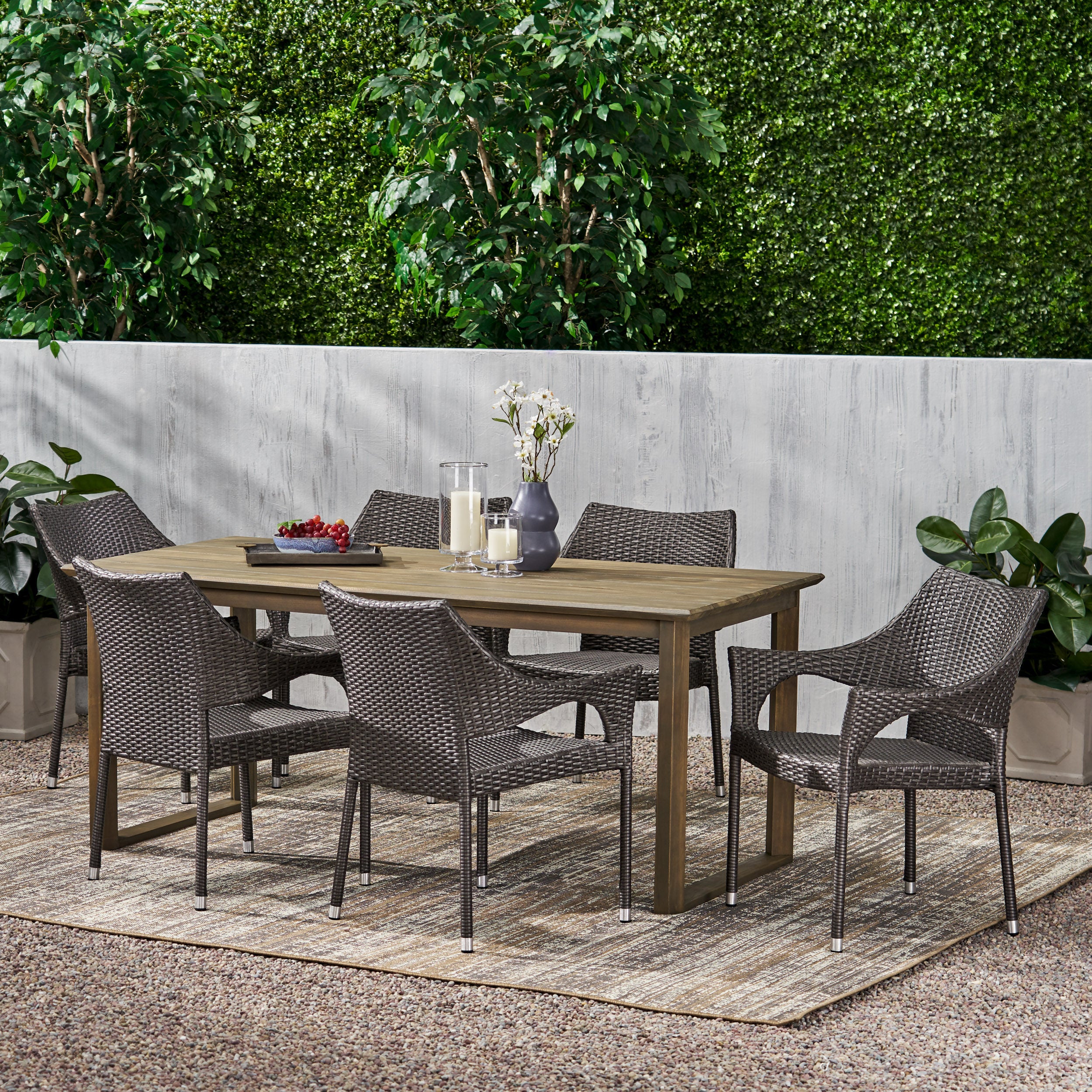 Ellendale Outdoor Acacia Wood and Wicker 7 Piece Dining Set - furnishings