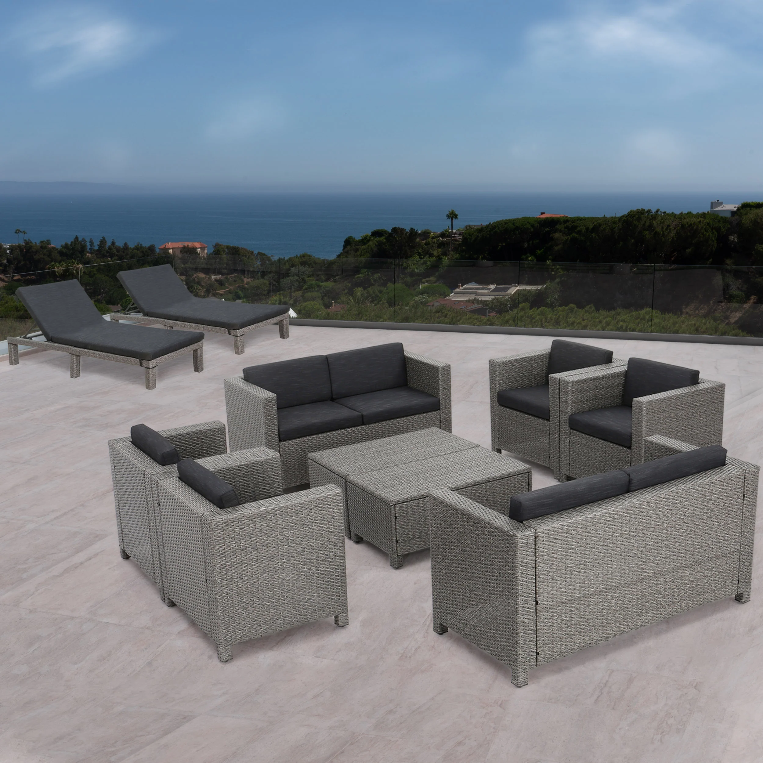 Portofino Outdoor 10 Piece Wicker Patio Set with Water Resistant Cushions - furnishings