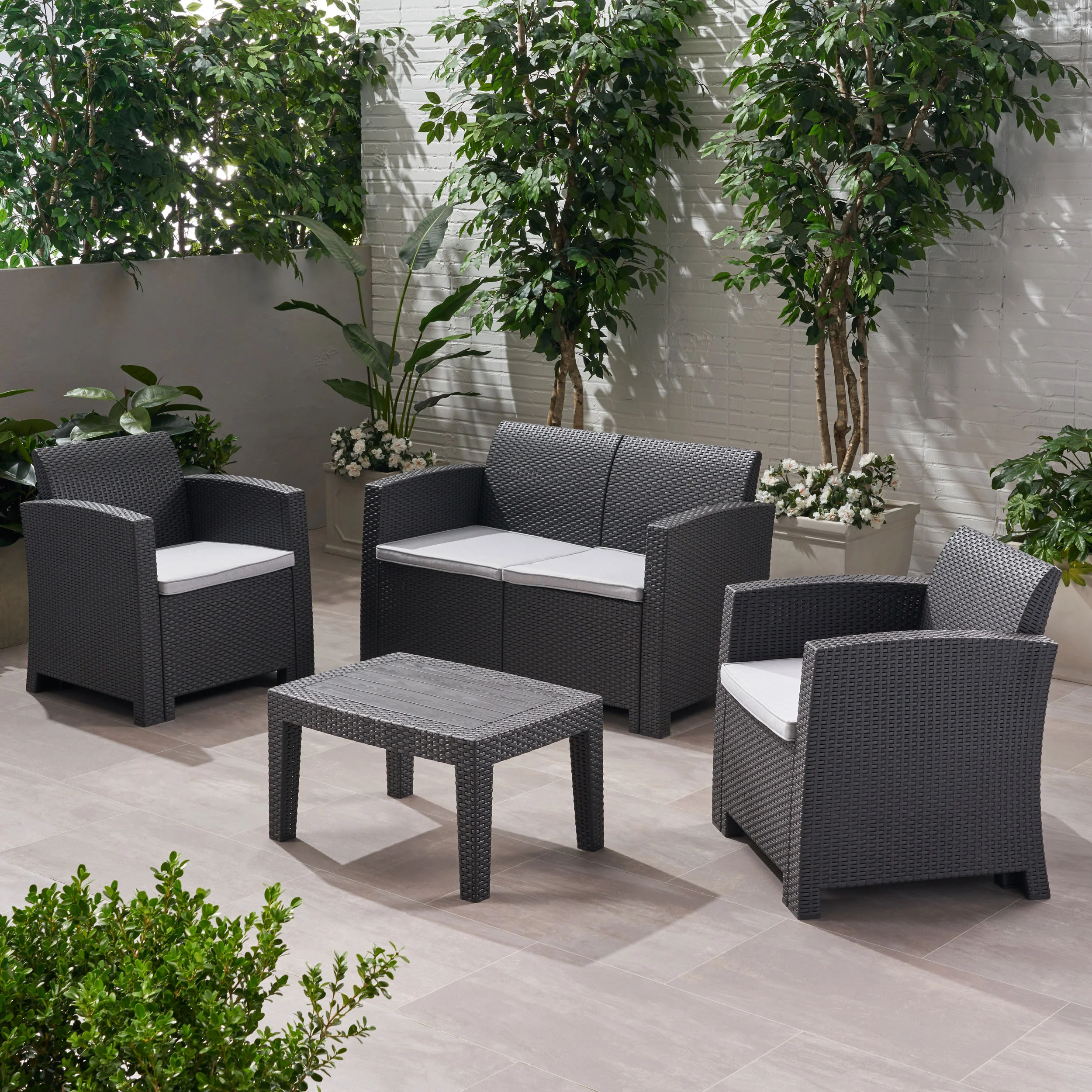 Dayton Outdoor 4 Piece Faux Wicker Rattan Chat Set with Water Resistant Cushions - furnishings